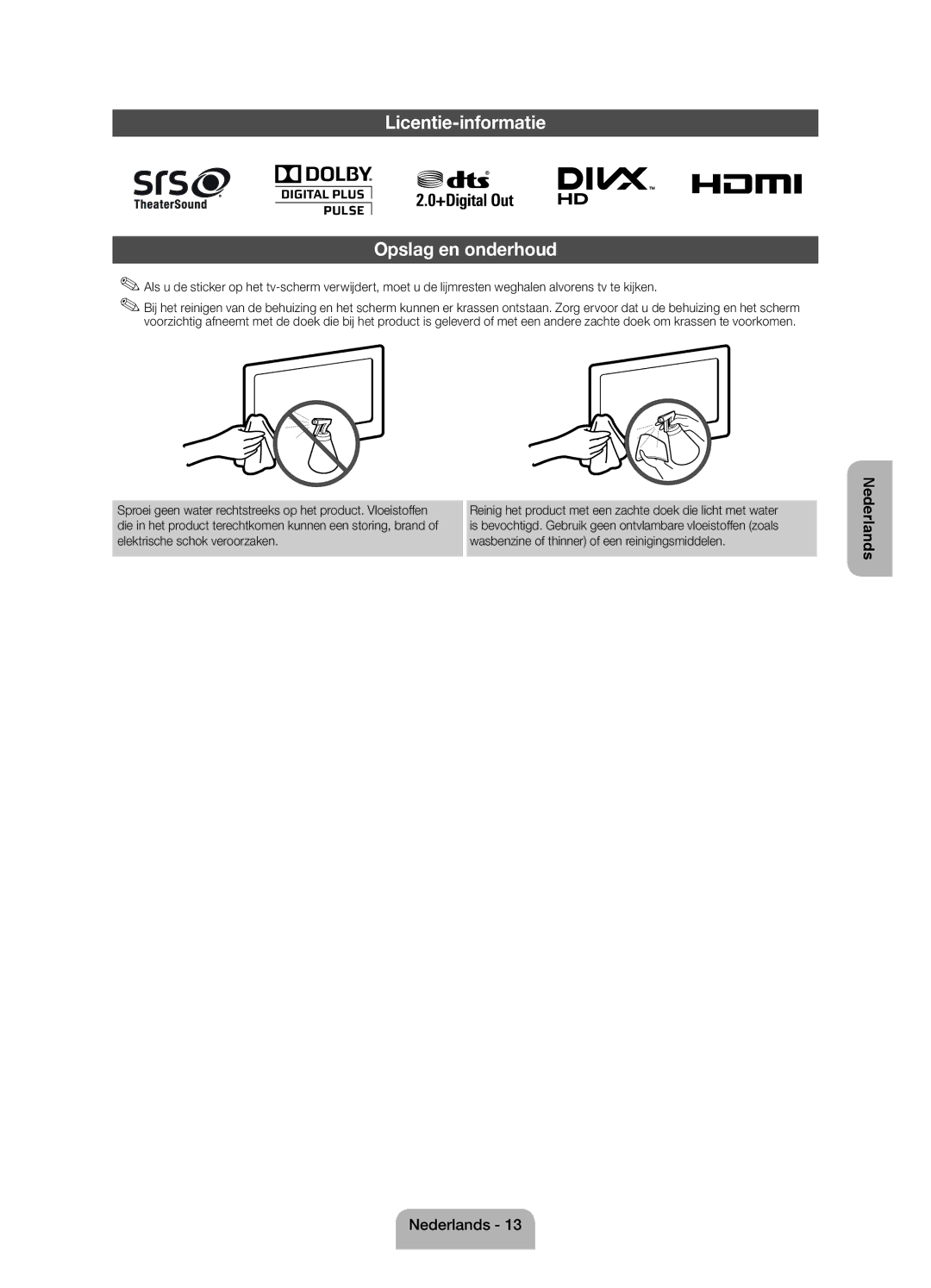 Samsung UE19ES4000WXZF manual Licentie-informatie Opslag en onderhoud 