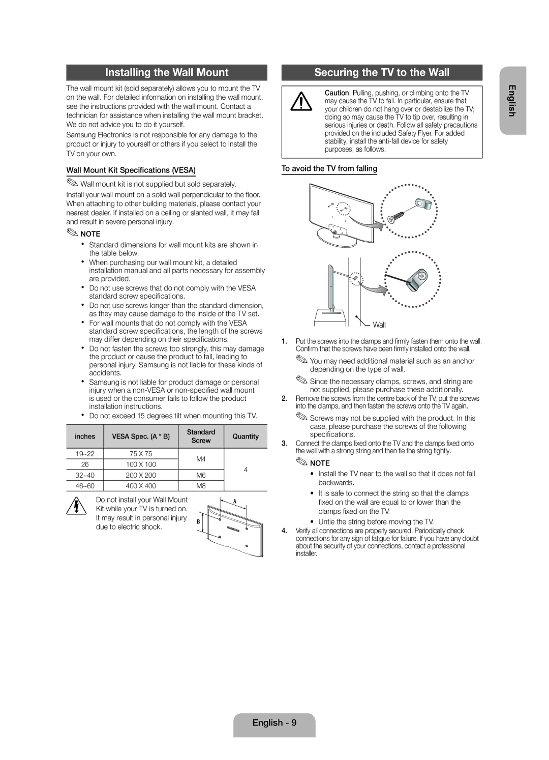 Samsung UE19ES4000WXZF manual Installing the Wall Mount, Securing the TV to the Wall, Wall Mount Kit Specifications Vesa 