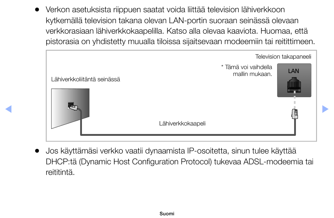 Samsung UE46EH5005KXXE, UE19ES4005WXXE, UE22ES5005WXXE, UE40EH5005KXXE, UE26EH4005WXXE manual Lähiverkkoliitäntä seinässä 