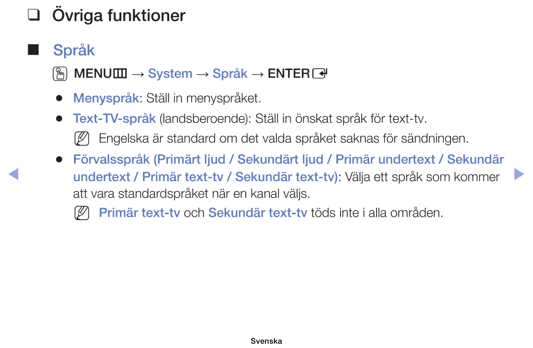 Samsung UE26EH4005WXXE, UE19ES4005WXXE, UE22ES5005WXXE manual Övriga funktioner, OOMENUm → System → Språk → Entere 