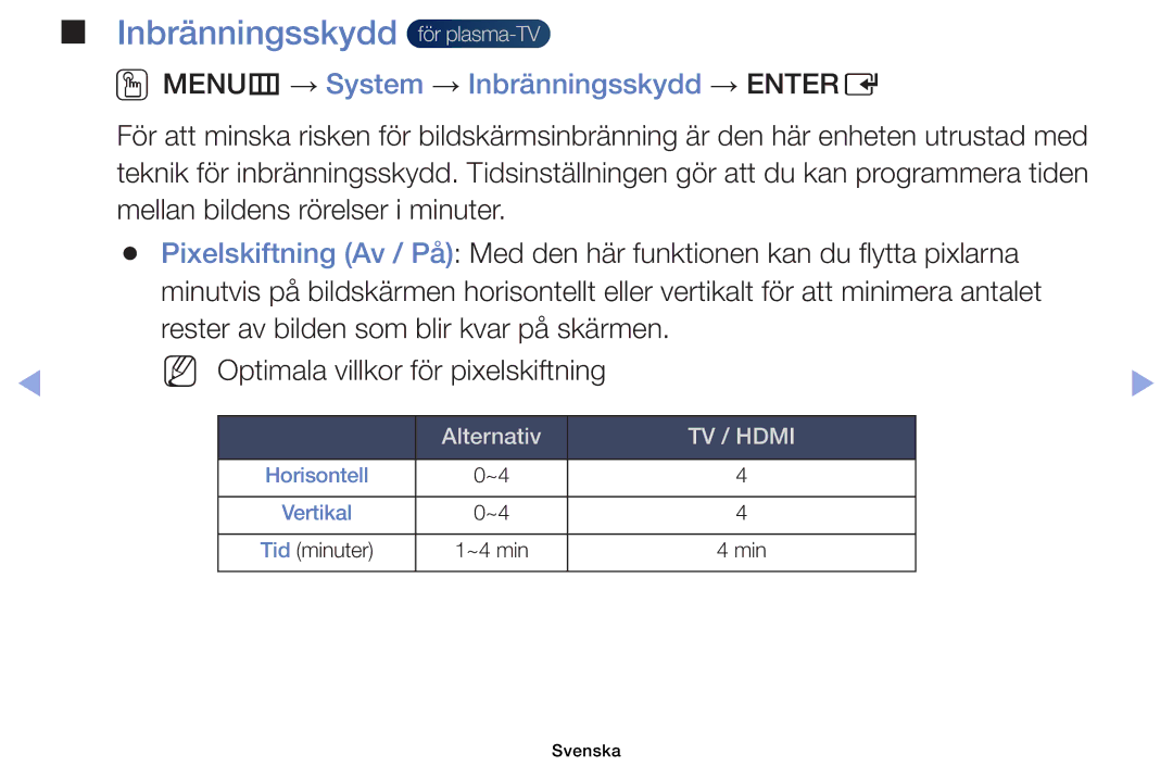 Samsung UE60EH6005KXXE, UE19ES4005WXXE manual Inbränningsskydd för plasma-TV, OOMENUm → System → Inbränningsskydd → Entere 