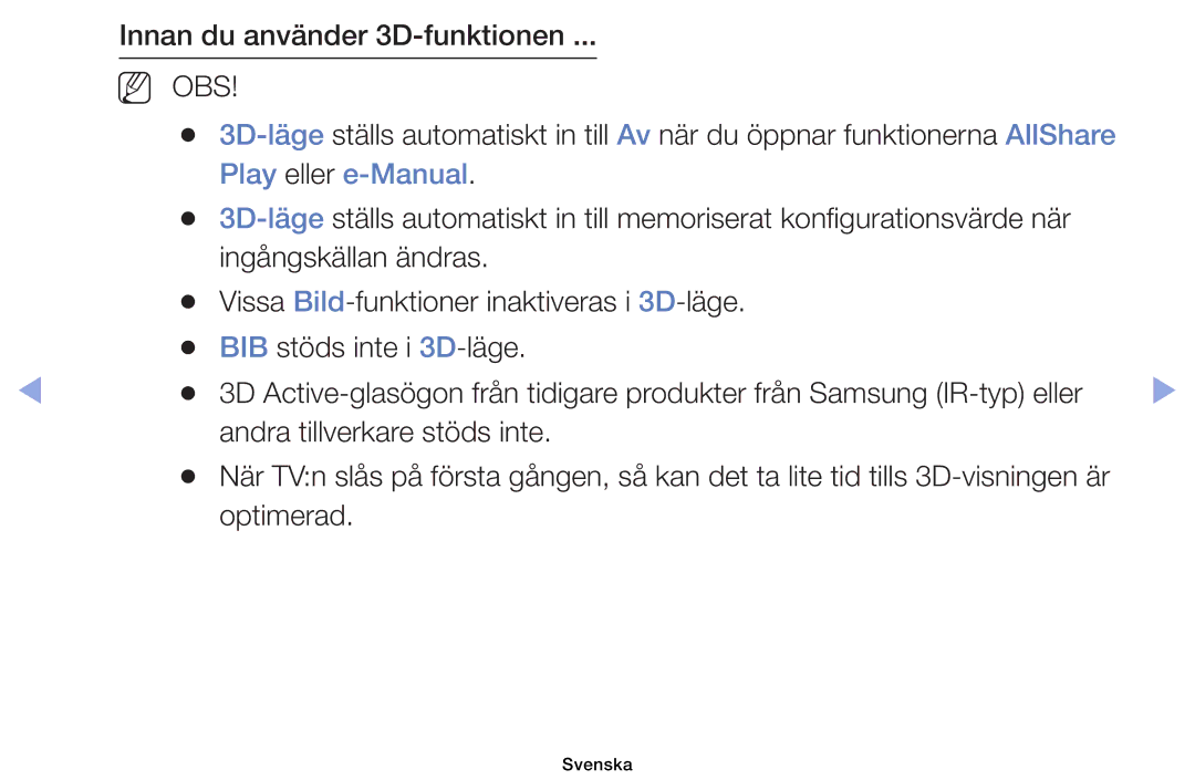 Samsung UE60EH6005KXXE, UE19ES4005WXXE, UE22ES5005WXXE manual Innan du använder 3D-funktionen, Play eller e-Manual, Optimerad 