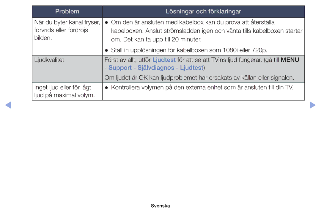 Samsung UE32EH4005WXXE, UE19ES4005WXXE, UE22ES5005WXXE, UE40EH5005KXXE, UE26EH4005WXXE manual Support Självdiagnos Ljudtest 