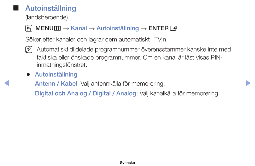 Samsung UE32EH5005KXXE, UE19ES4005WXXE, UE22ES5005WXXE manual Landsberoende, OOMENUm → Kanal → Autoinställning → Entere 