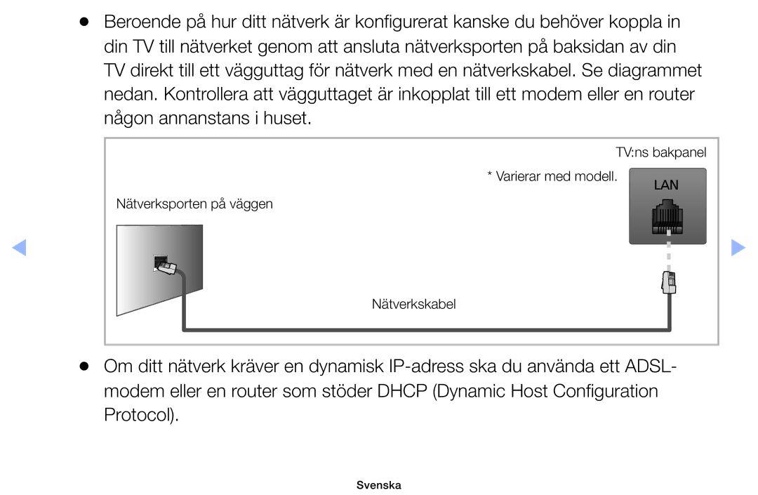 Samsung UE46EH5005KXXE, UE19ES4005WXXE, UE22ES5005WXXE, UE40EH5005KXXE, UE26EH4005WXXE manual Nätverksporten på väggen 