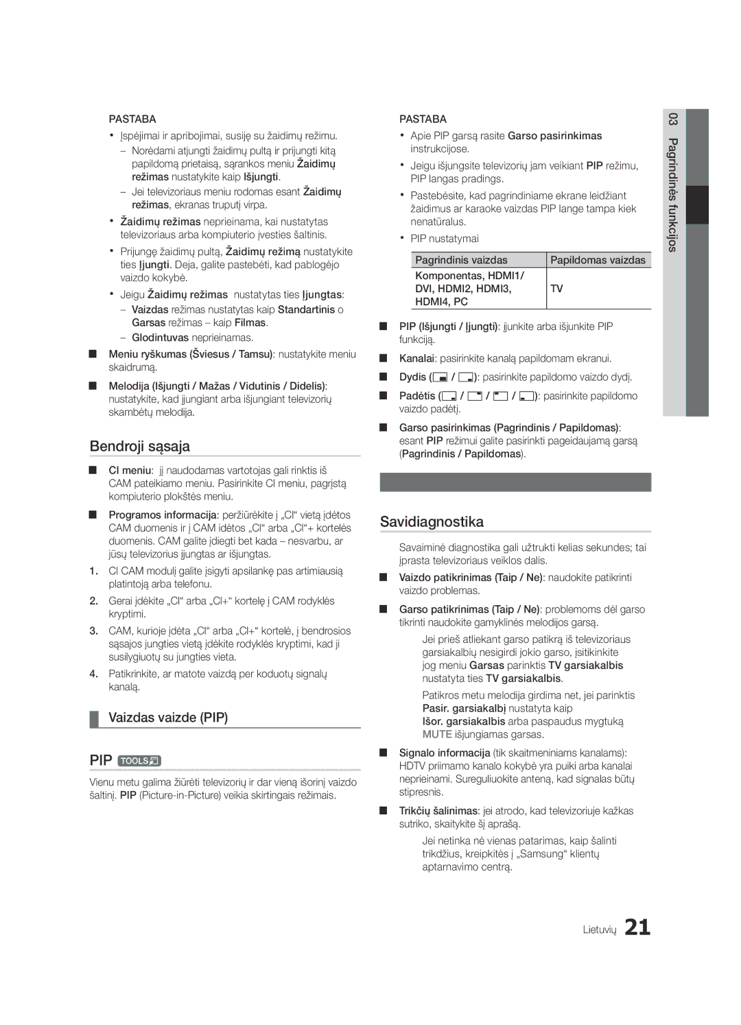 Samsung UE22C4000PWXRU, UE22C4010PWXBT, UE22C4000PWXBT Bendroji sąsaja, Savidiagnostika, Vaizdas vaizde PIP, Pagalbos meniu 