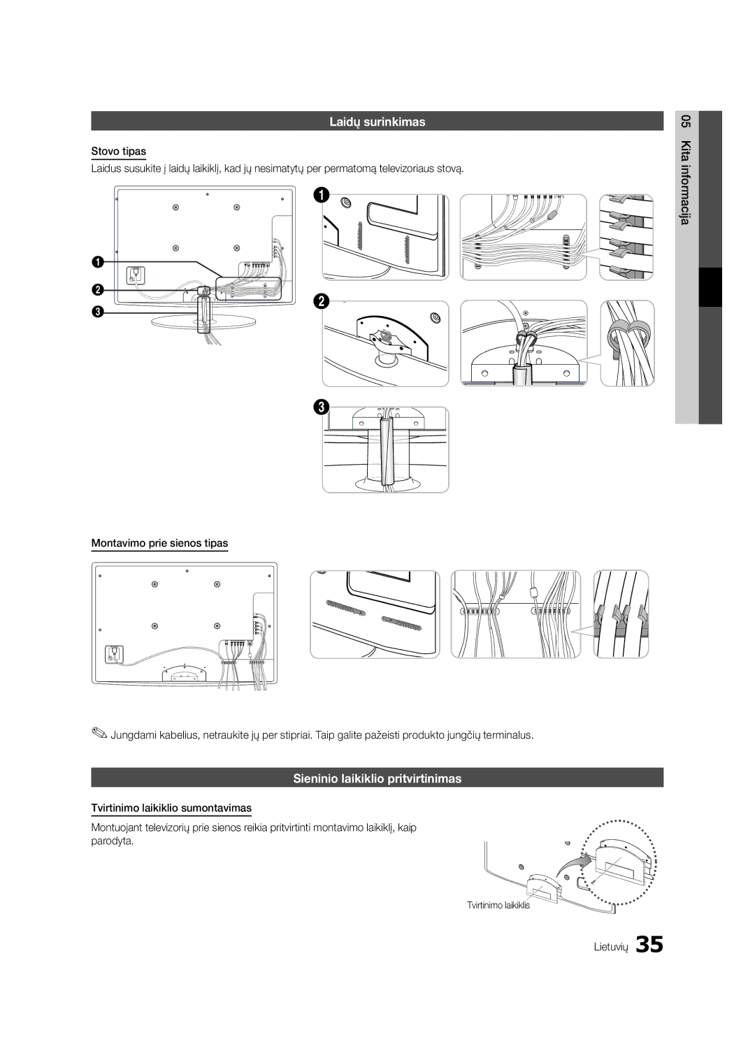 Samsung UE22C4010PWXRU, UE22C4010PWXBT manual Laidų surinkimas, Sieninio laikiklio pritvirtinimas, Tvirtinimo laikiklis 