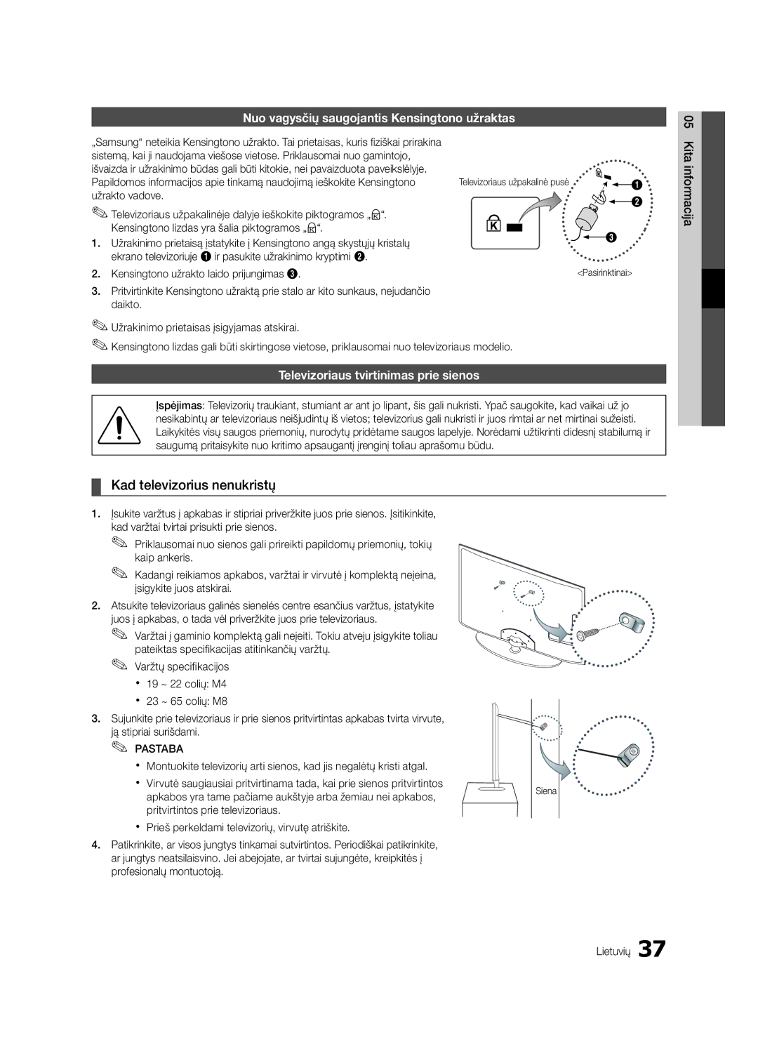 Samsung UE22C4000PWXBT, UE22C4010PWXBT manual Kad televizorius nenukristų, Nuo vagysčių saugojantis Kensingtono užraktas 