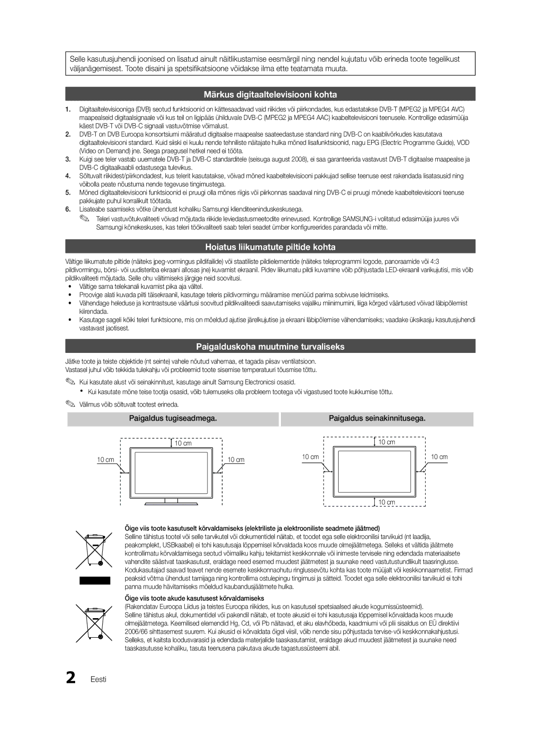 Samsung UE26C4000PWXBT manual Paigalduskoha muutmine turvaliseks, Paigaldus tugiseadmega Paigaldus seinakinnitusega, Eesti 