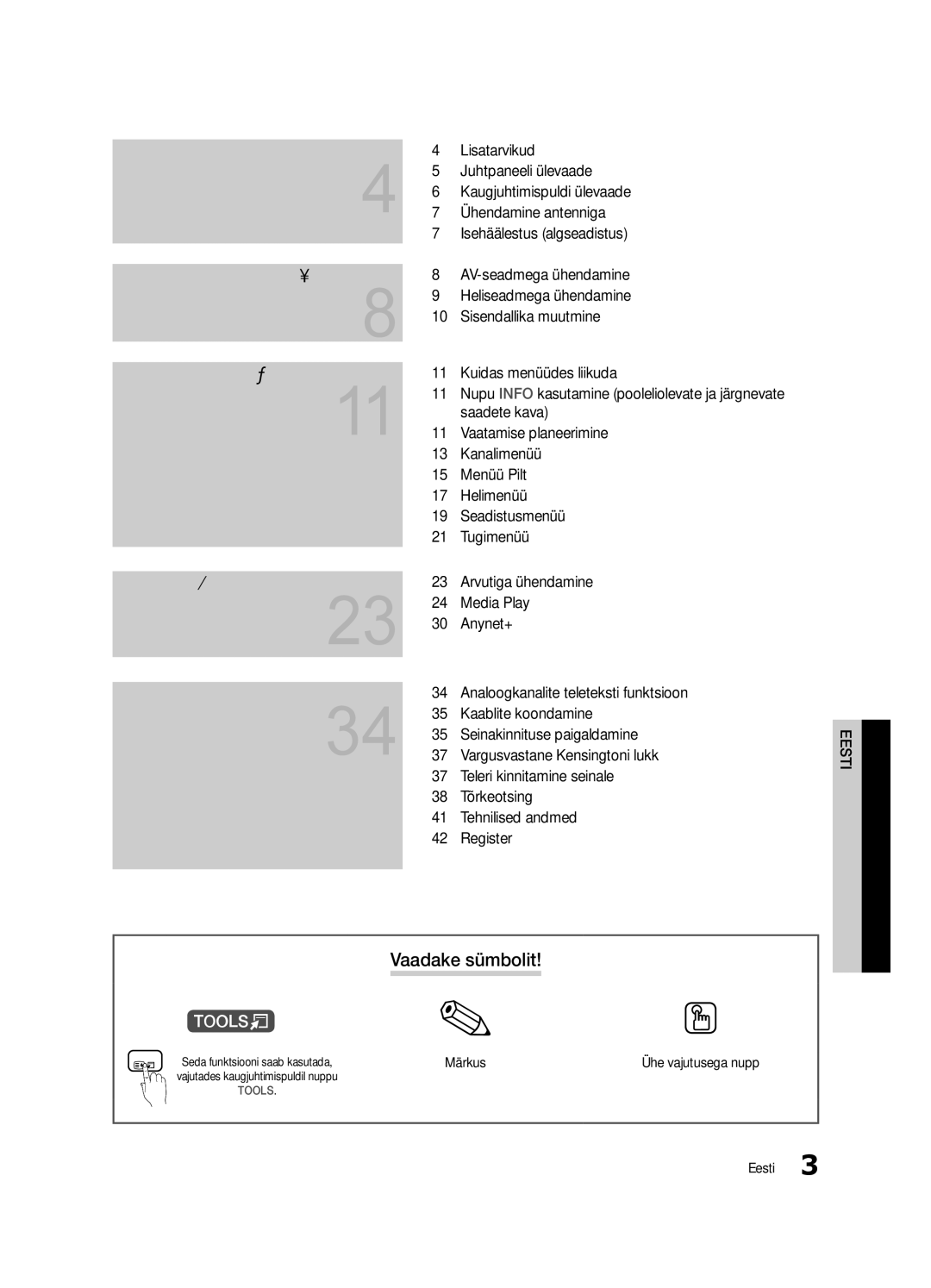 Samsung UE22C4000PWXRU, UE22C4010PWXBT, UE22C4000PWXBT manual Sisukord, Vaadake sümbolit, Märkus, Ühe vajutusega nupp 