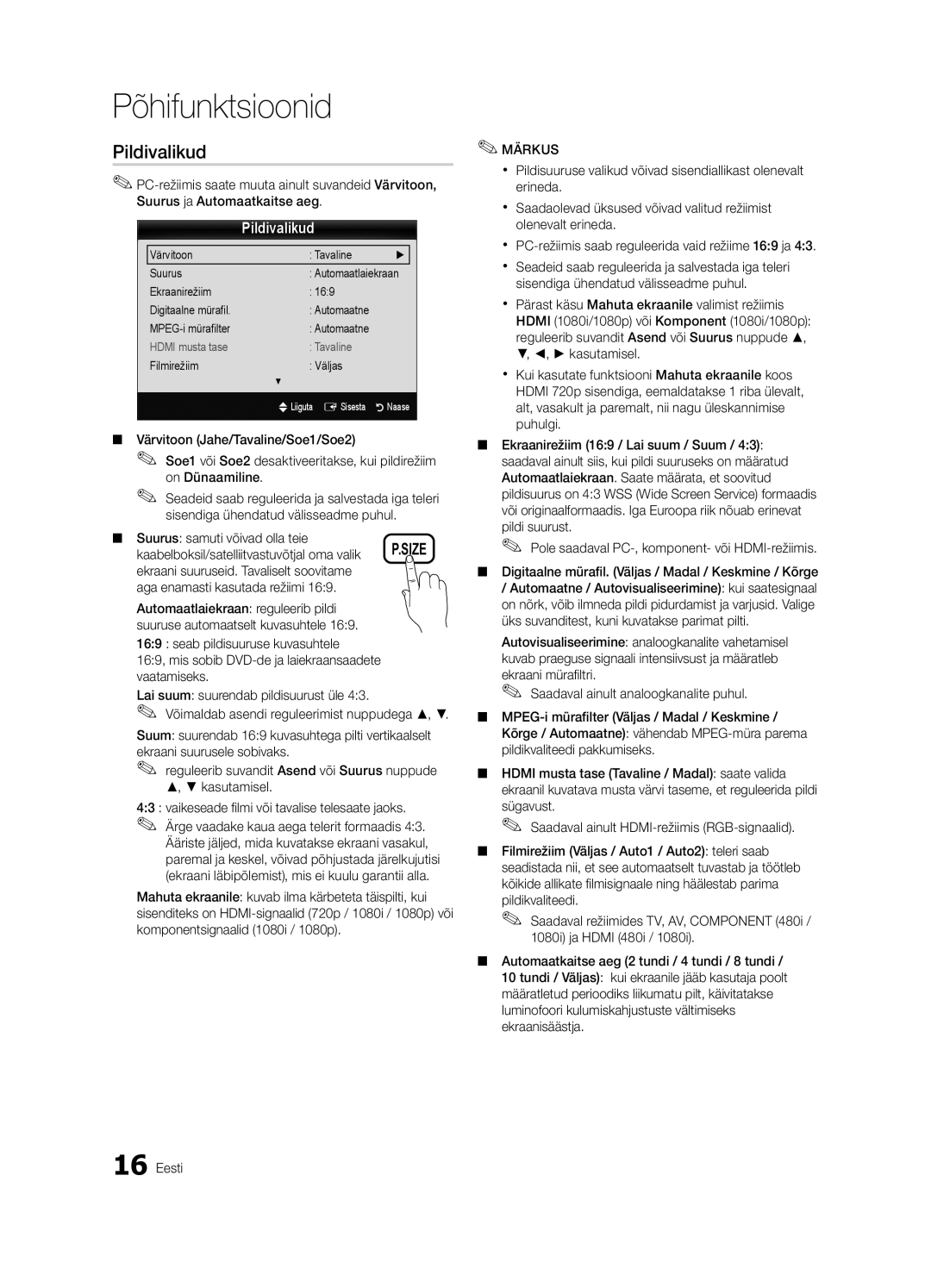 Samsung UE26C4000PWXRU manual Pildivalikud, Suurus samuti võivad olla teie, Kaabelboksil/satelliitvastuvõtjal oma valik 