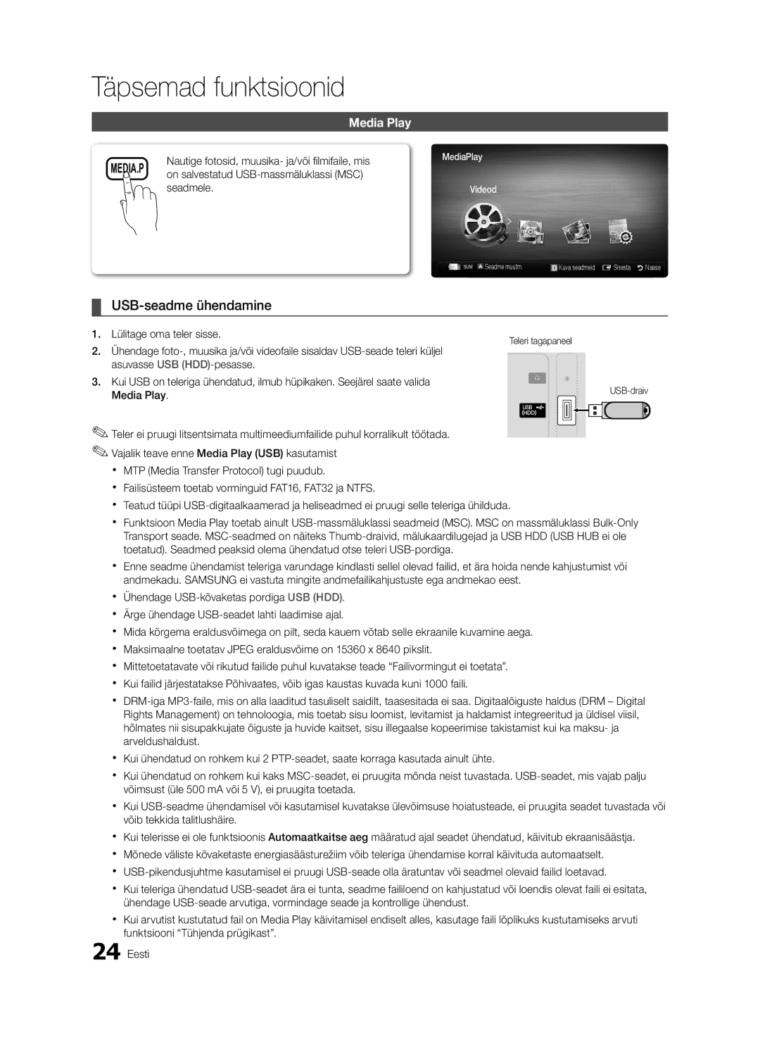 Samsung UE22C4010PWXBT USB-seadme ühendamine, Seadmele, On salvestatud USB-massmäluklassi MSC, Teleri tagapaneel USB-draiv 