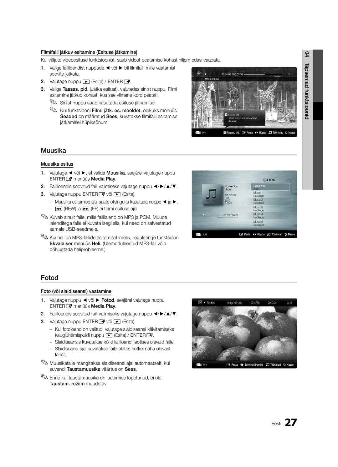 Samsung UE22C4000PWXRU, UE22C4010PWXBT, UE22C4000PWXBT, UE26C4000PWXBT, UE26C4000PWXRU, UE22C4010PWXRU manual Muusika, Fotod 