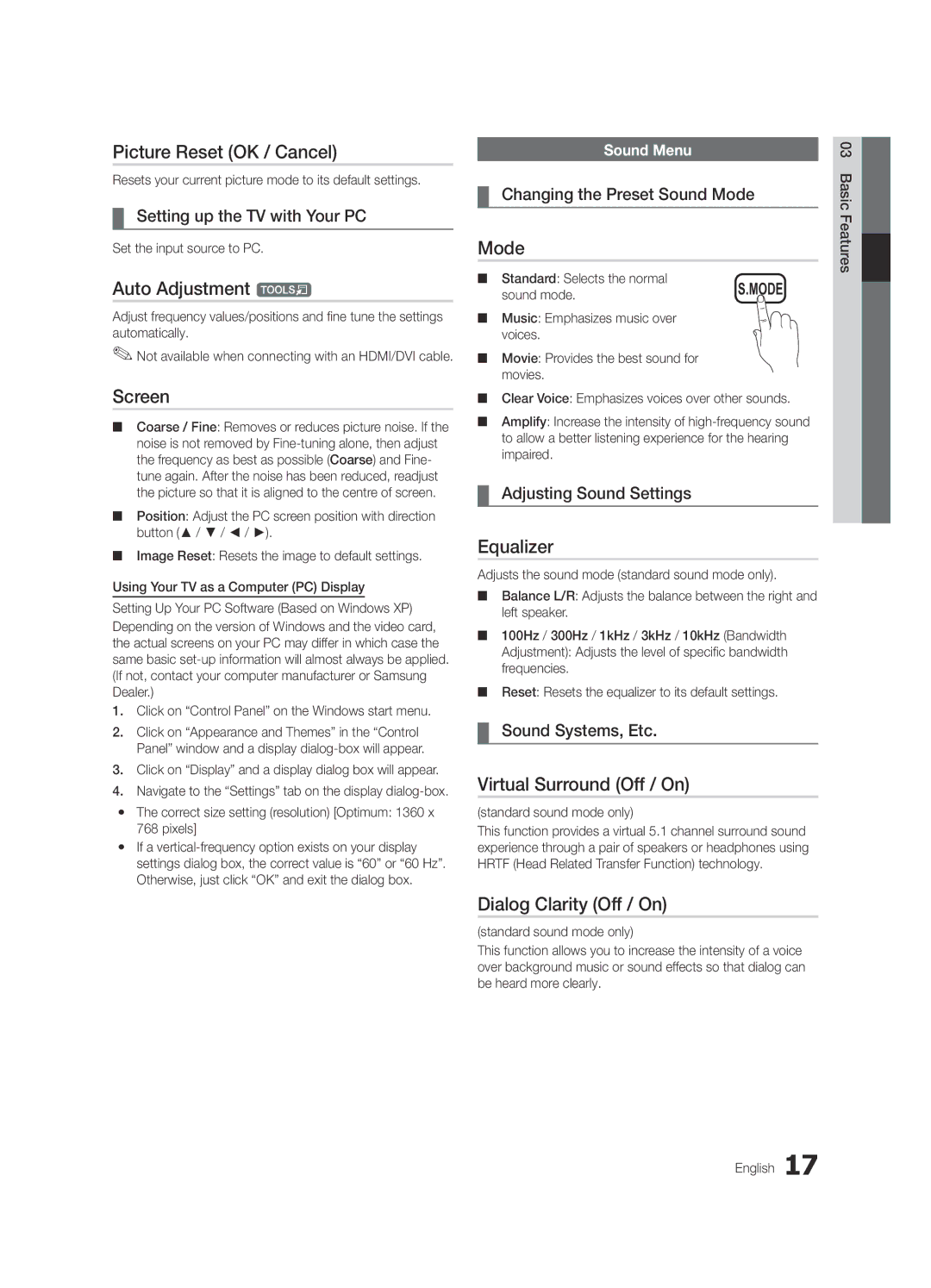 Samsung UE22C4010PWXRU manual Picture Reset OK / Cancel, Auto Adjustment t, Screen, Equalizer, Virtual Surround Off / On 