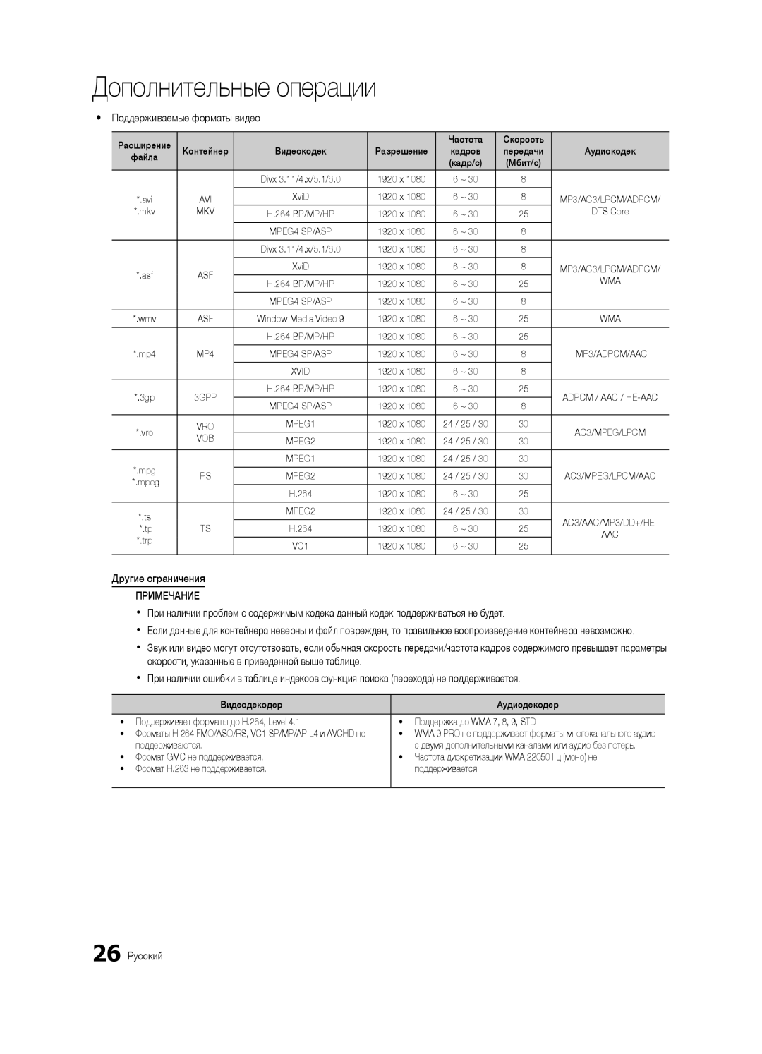 Samsung UE26C4000PWXBT, UE22C4010PWXBT, UE22C4000PWXBT manual Yy Поддерживаемые форматы видео, Другие ограничения, 26 Русский 