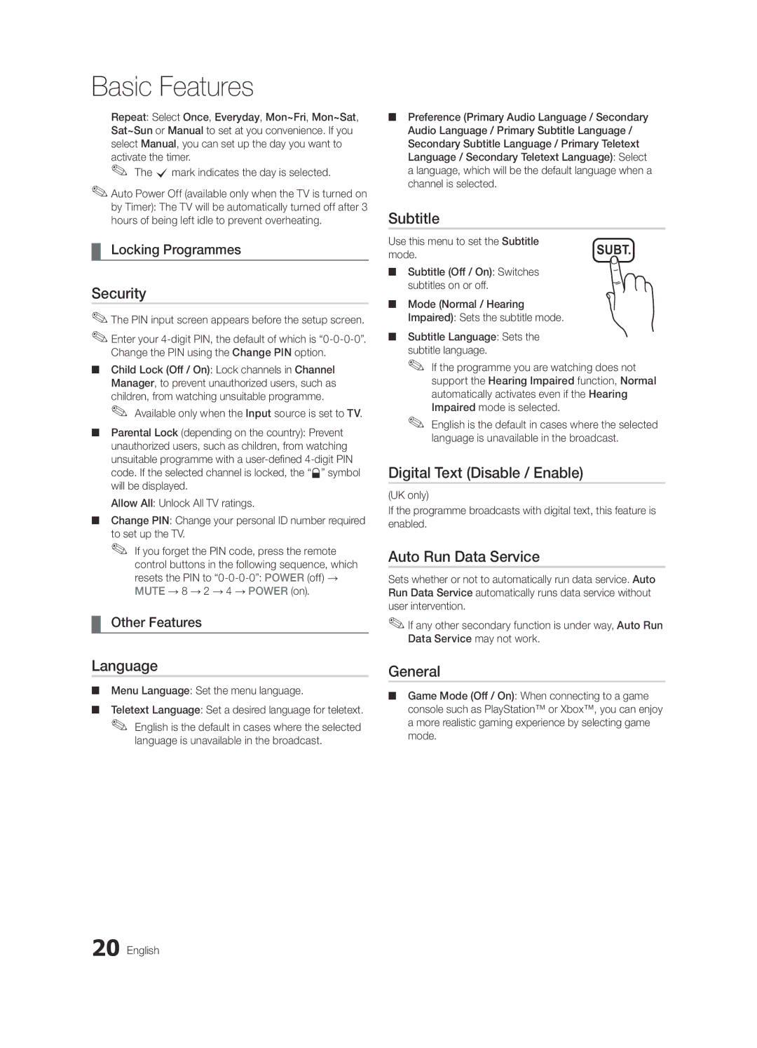 Samsung UE26C4000PWXBT manual Security, Subtitle, Digital Text Disable / Enable, Auto Run Data Service, Language, General 