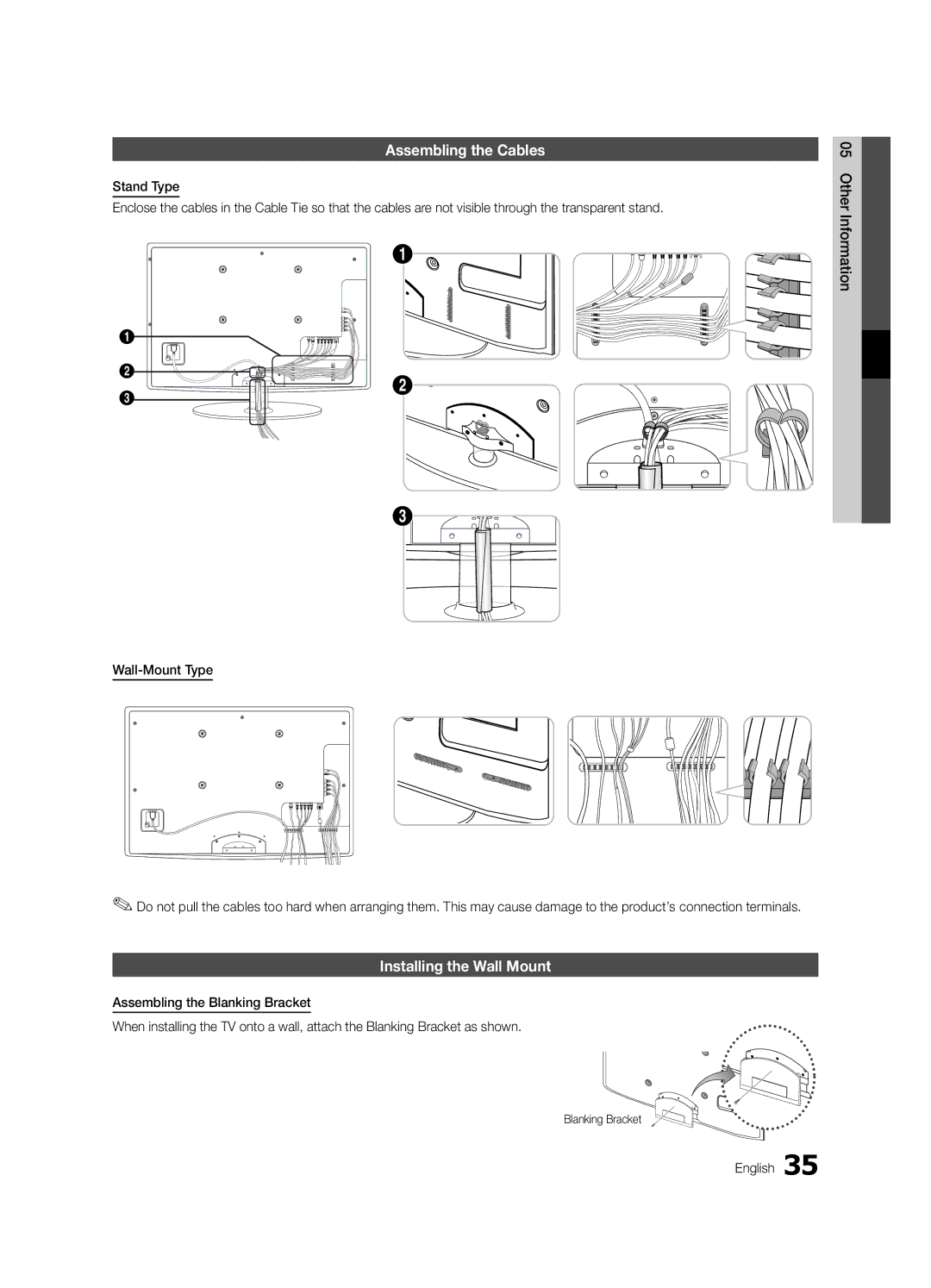 Samsung UE22C4010PWXRU, UE22C4010PWXBT, UE22C4000PWXBT Assembling the Cables, Installing the Wall Mount, Blanking Bracket 