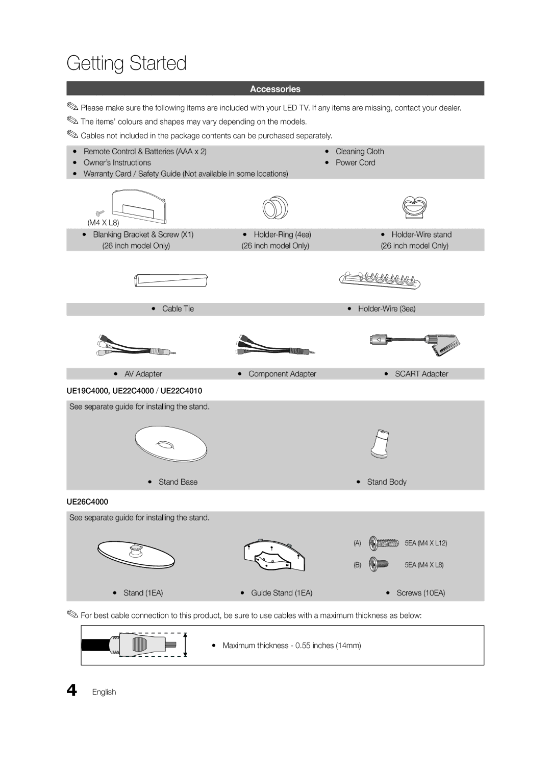 Samsung UE26C4000PWXRU, UE22C4010PWXBT, UE22C4000PWXBT, UE26C4000PWXBT, UE22C4000PWXRU manual Getting Started, Accessories 