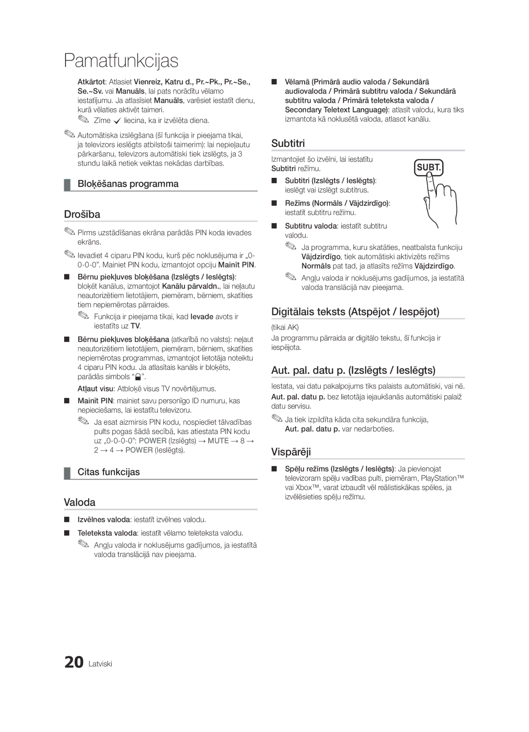 Samsung UE26C4000PWXBT, UE22C4010PWXBT manual Drošība, Valoda, Subtitri, Digitālais teksts Atspējot / Iespējot, Vispārēji 