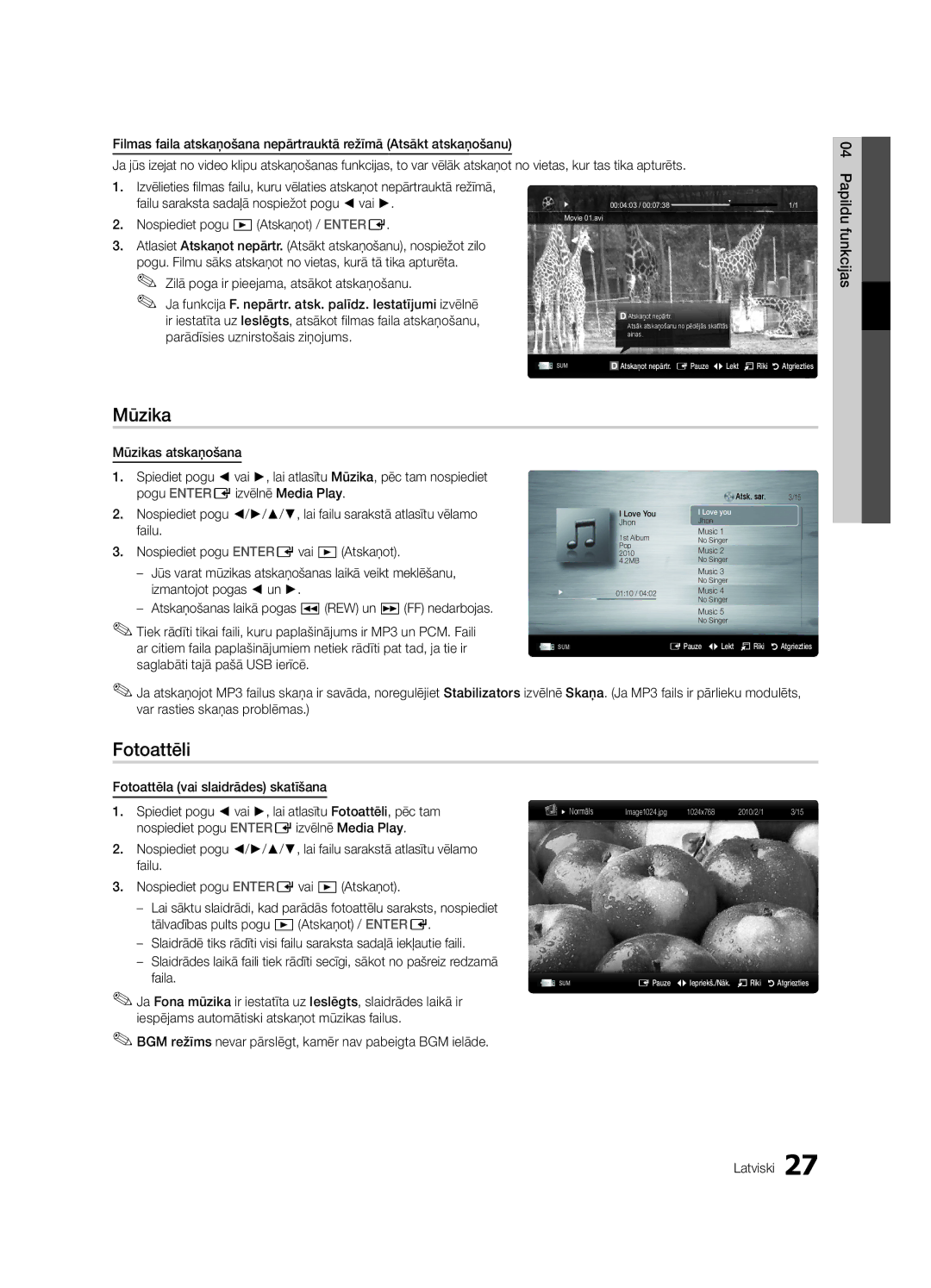 Samsung UE22C4000PWXRU, UE22C4010PWXBT, UE22C4000PWXBT, UE26C4000PWXBT, UE26C4000PWXRU, UE22C4010PWXRU manual Mūzika, Fotoattēli 