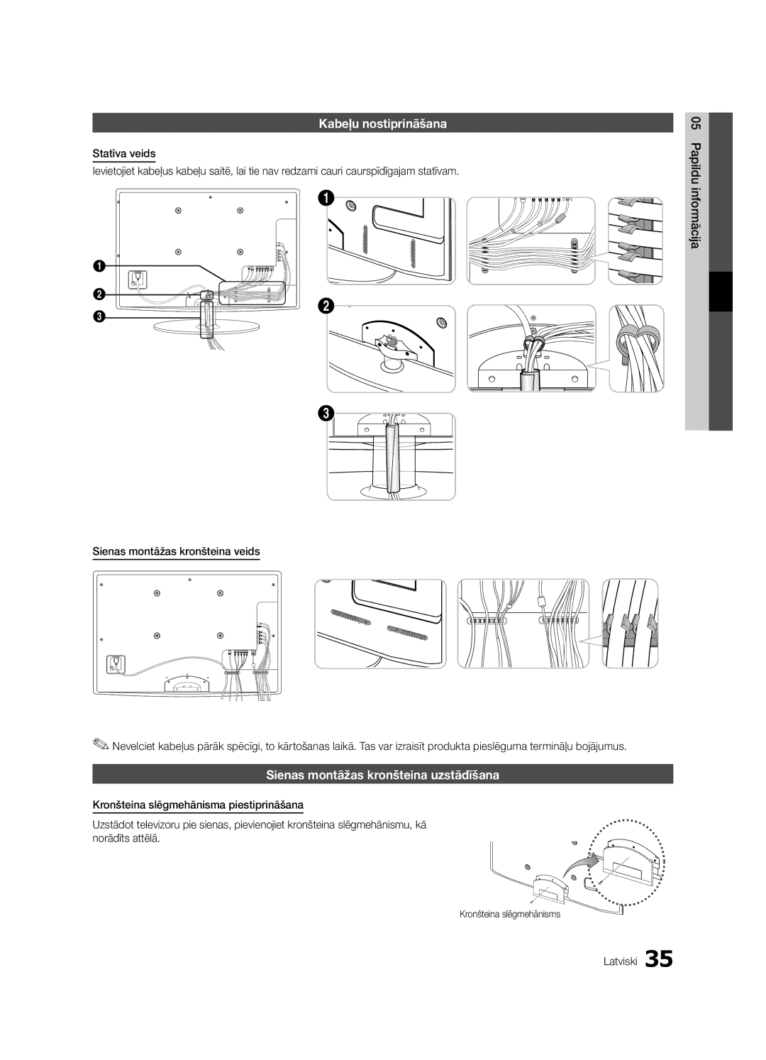 Samsung UE22C4010PWXRU manual Kabeļu nostiprināšana, Sienas montāžas kronšteina uzstādīšana, Kronšteina slēgmehānisms 