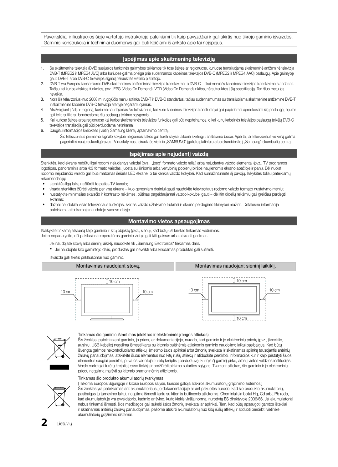 Samsung UE26C4000PWXBT Montavimo vietos apsaugojimas, Montavimas naudojant stovą, Montavimas naudojant sieninį laikiklį 