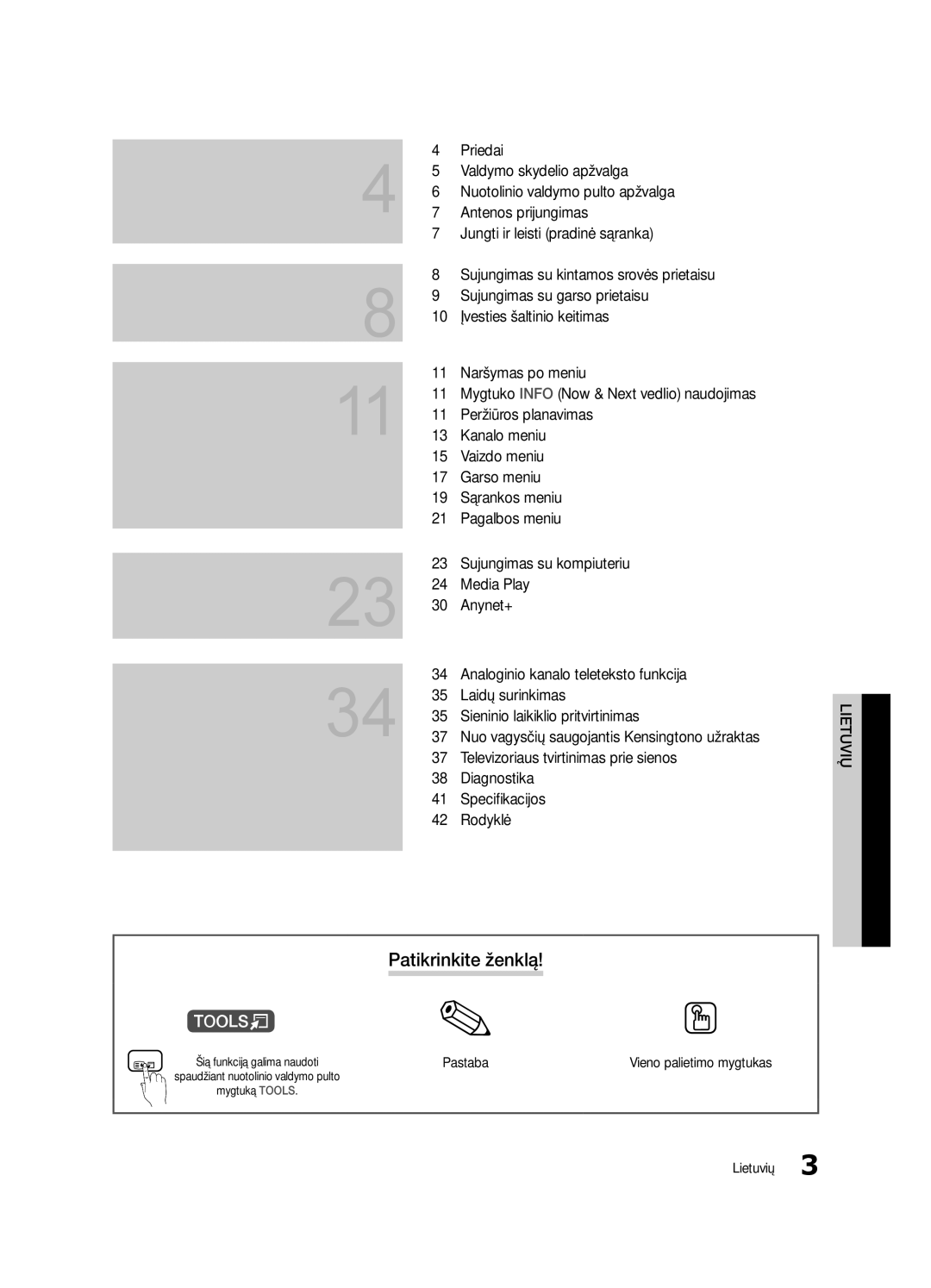 Samsung UE22C4000PWXRU, UE22C4010PWXBT, UE22C4000PWXBT manual Turinys, Patikrinkite ženklą, Pastaba, Vieno palietimo mygtukas 