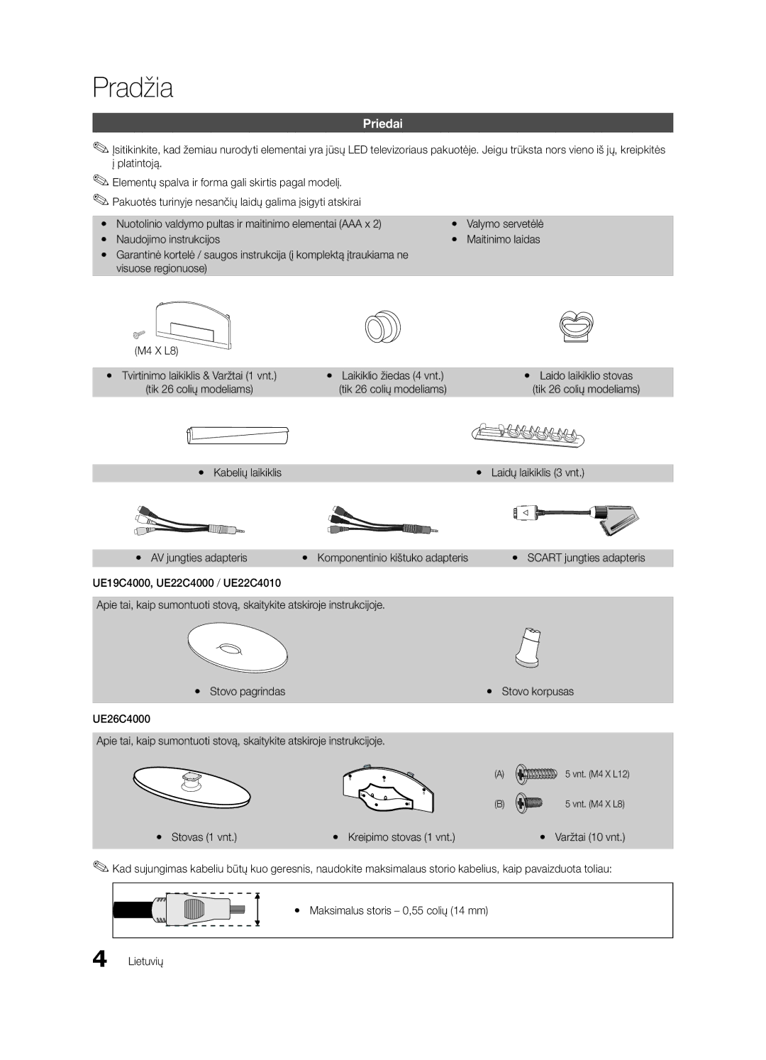 Samsung UE26C4000PWXRU, UE22C4010PWXBT, UE22C4000PWXBT, UE26C4000PWXBT, UE22C4000PWXRU, UE22C4010PWXRU manual Pradžia, Priedai 