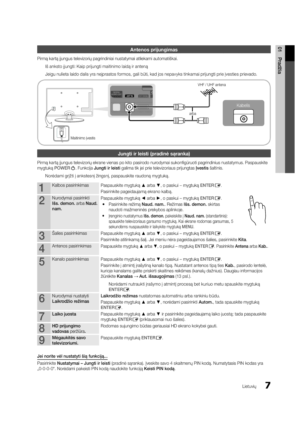 Samsung UE22C4000PWXBT, UE22C4010PWXBT, UE26C4000PWXBT, UE22C4000PWXRU Antenos prijungimas, Jungti ir leisti pradinė sąranka 