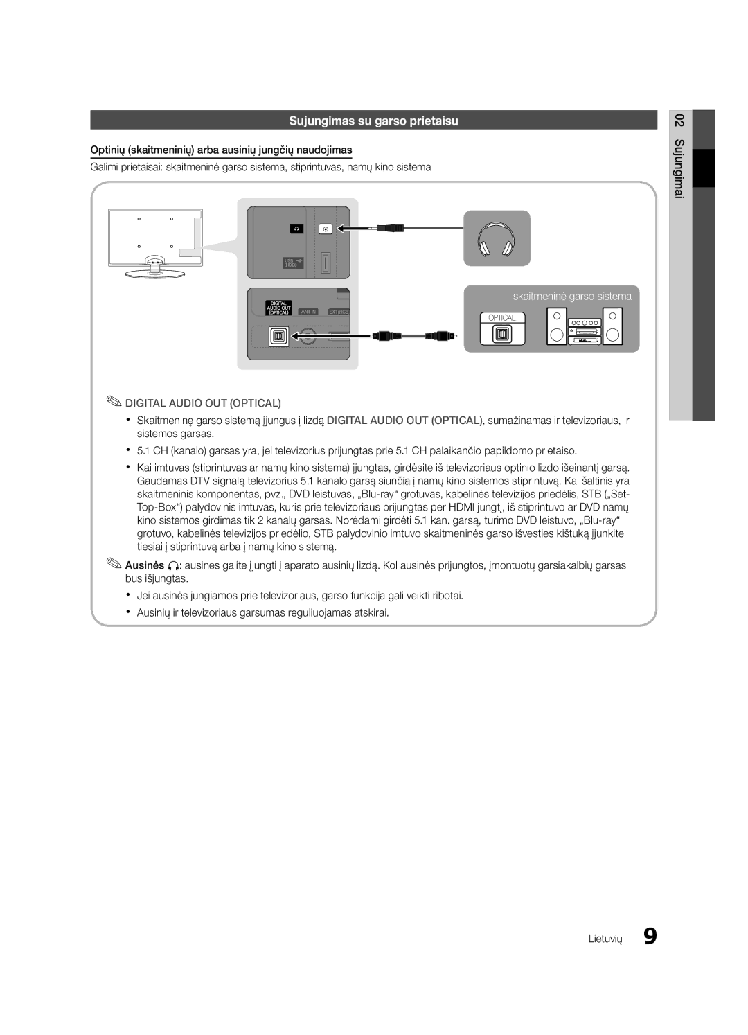 Samsung UE22C4000PWXRU, UE22C4010PWXBT, UE22C4000PWXBT, UE26C4000PWXBT, UE26C4000PWXRU manual Sujungimas su garso prietaisu 