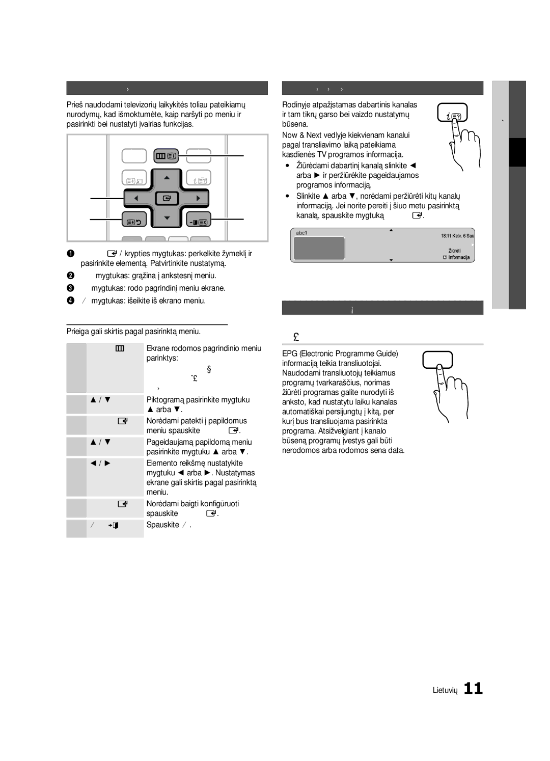 Samsung UE22C4010PWXRU manual Pagrindinės funkcijos, Vadovas, Naršymas po meniu, Mygtuko Info Now & Next vedlio naudojimas 