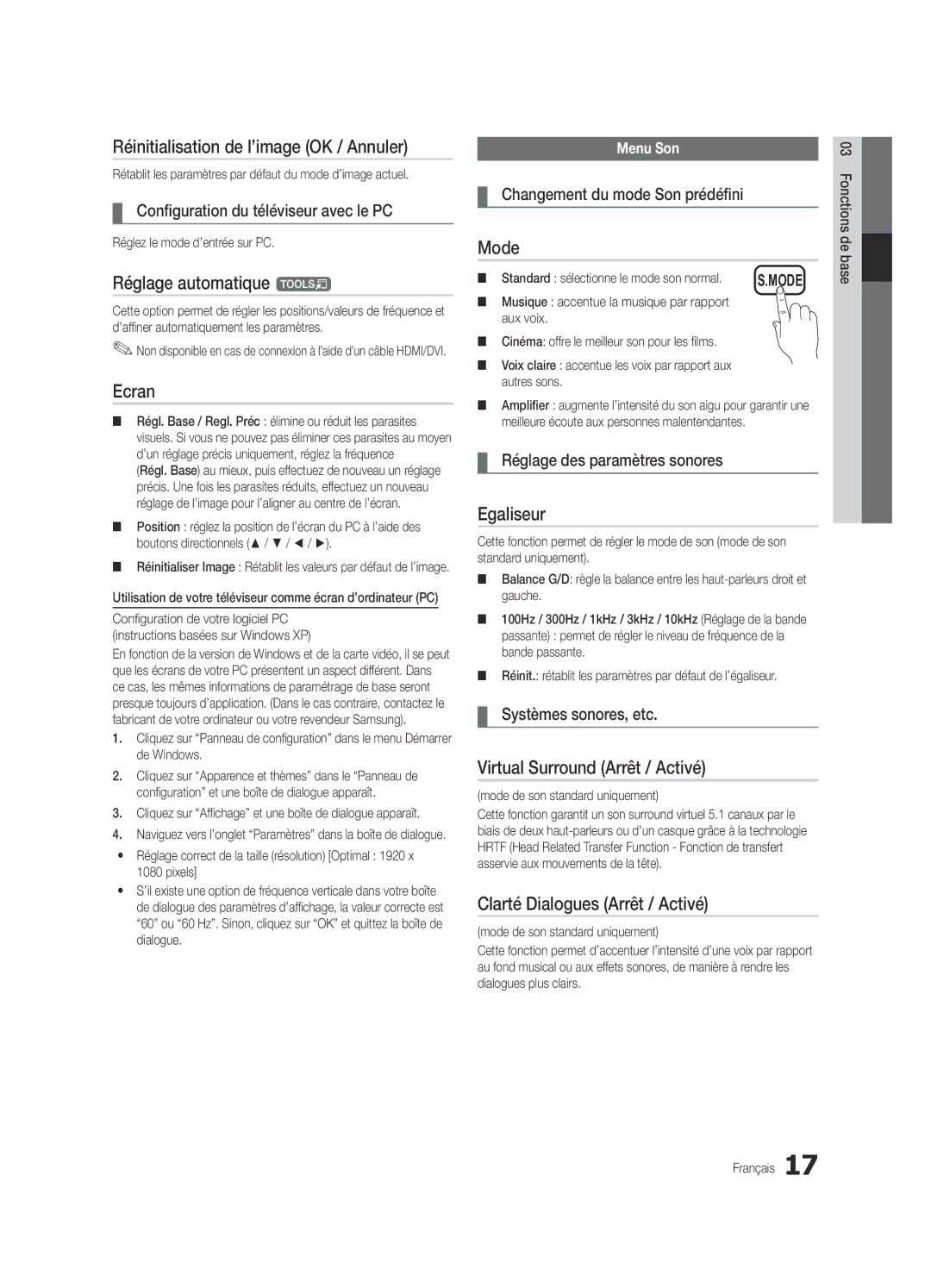 Samsung UE22C4010PWXZG, UE22C4010PWXXN Réinitialisation de l’image OK / Annuler, Réglage automatique t, Ecran, Egaliseur 