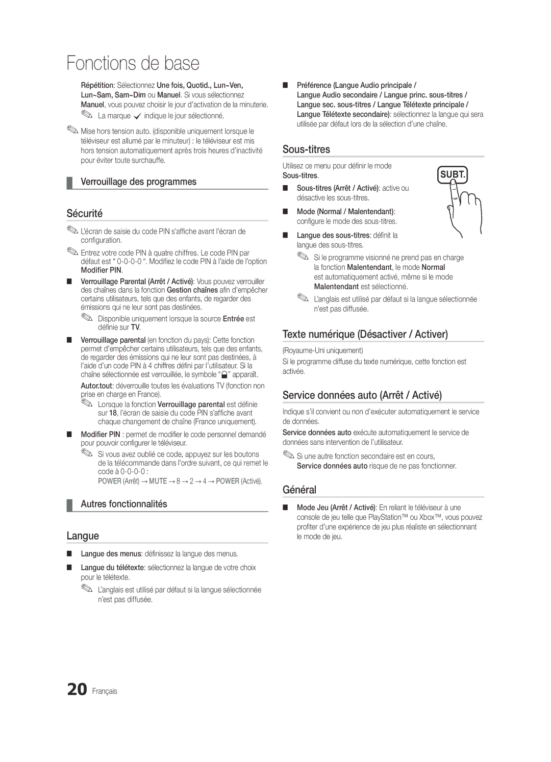 Samsung UE22C4000PWXZT, UE22C4010PWXXN manual Sécurité, Langue, Sous-titres, Texte numérique Désactiver / Activer, Général 