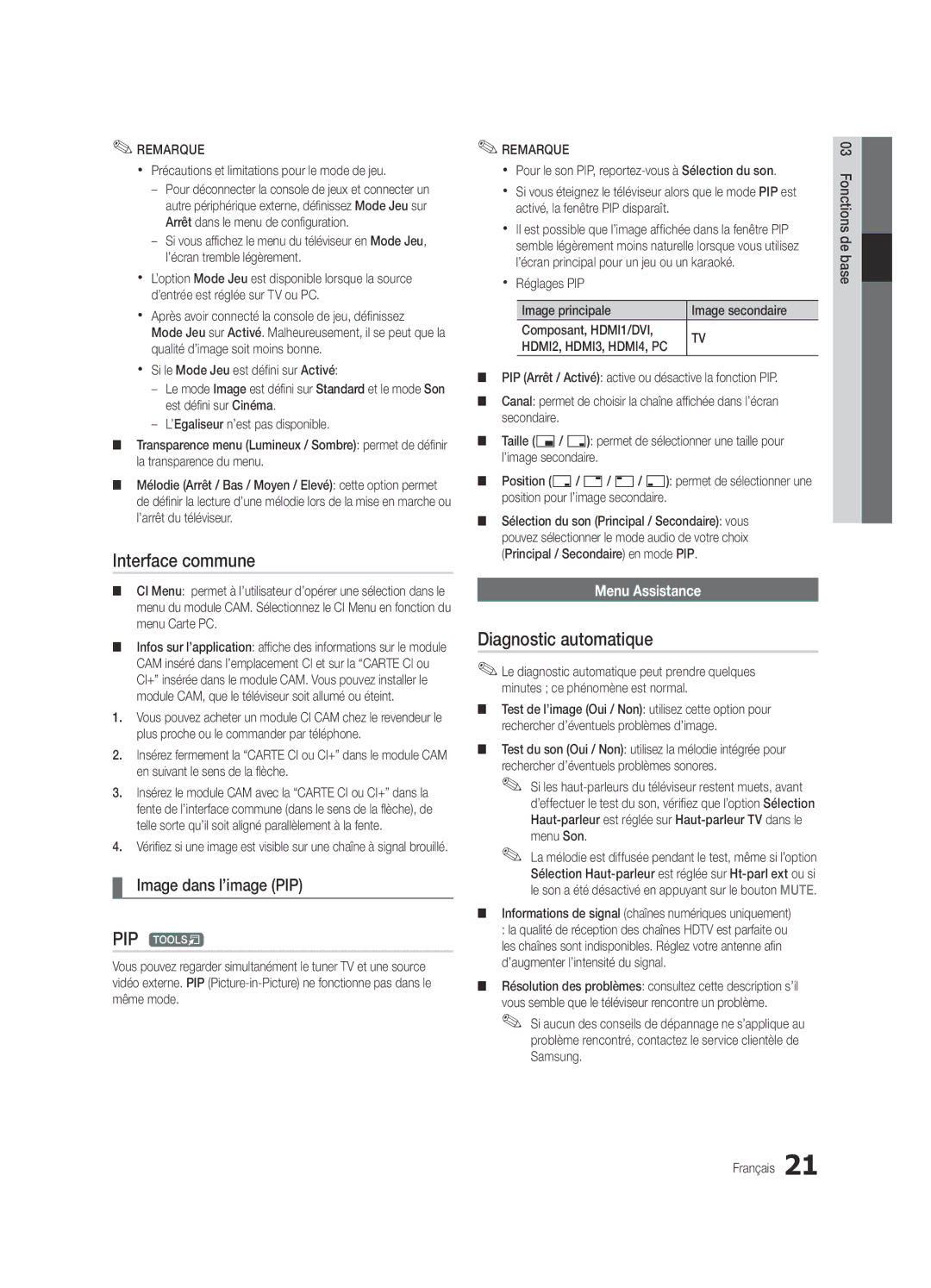 Samsung UE26C4000PWXZT, UE22C4010PWXXN Interface commune, Diagnostic automatique, Image dans l’image PIP, Menu Assistance 