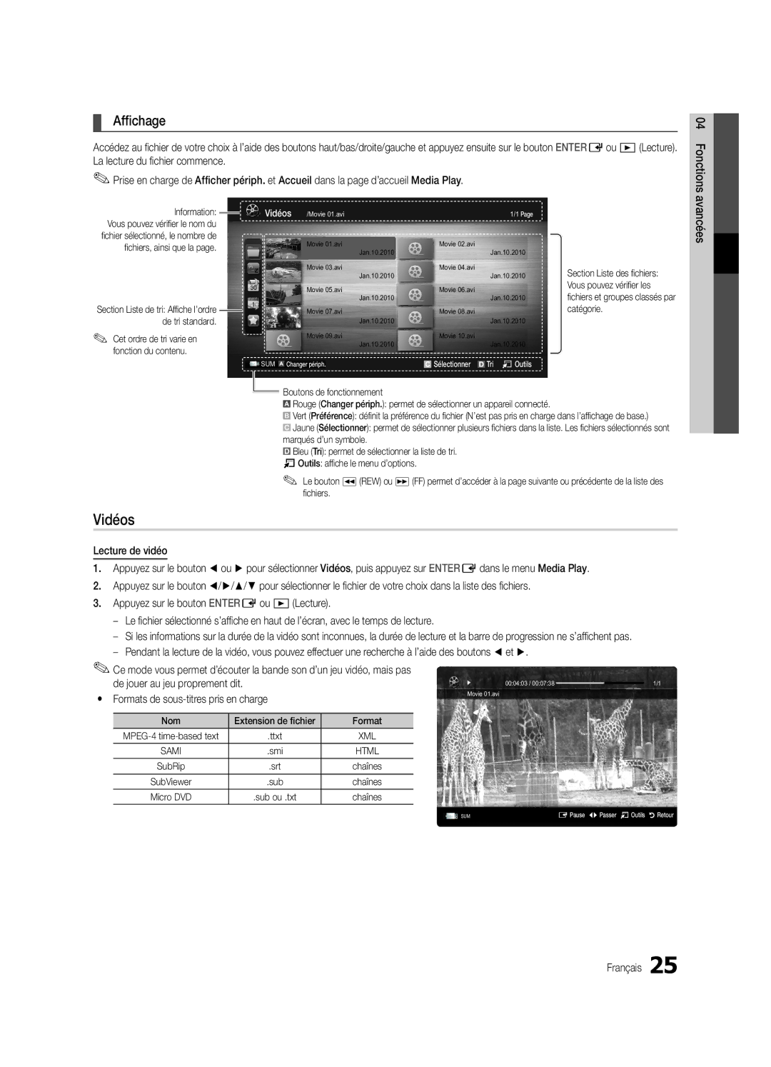 Samsung UE26C4000PWXZG manual Vidéos, Affichage, De jouer au jeu proprement dit, Yy Formats de sous-titres pris en charge 