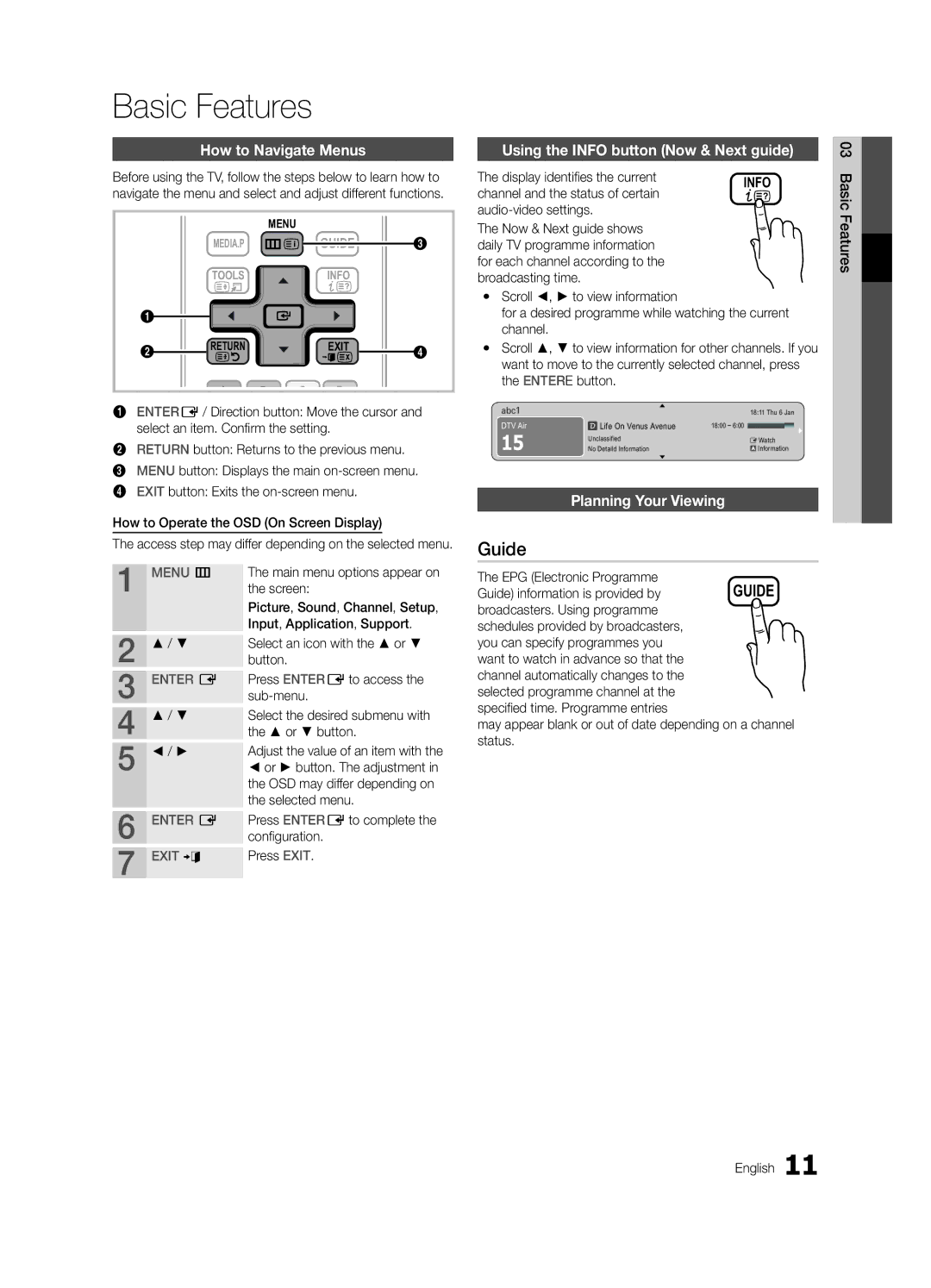 Samsung UE26C4000PWXXH manual Basic Features, Guide, How to Navigate Menus, Using the Info button Now & Next guide 