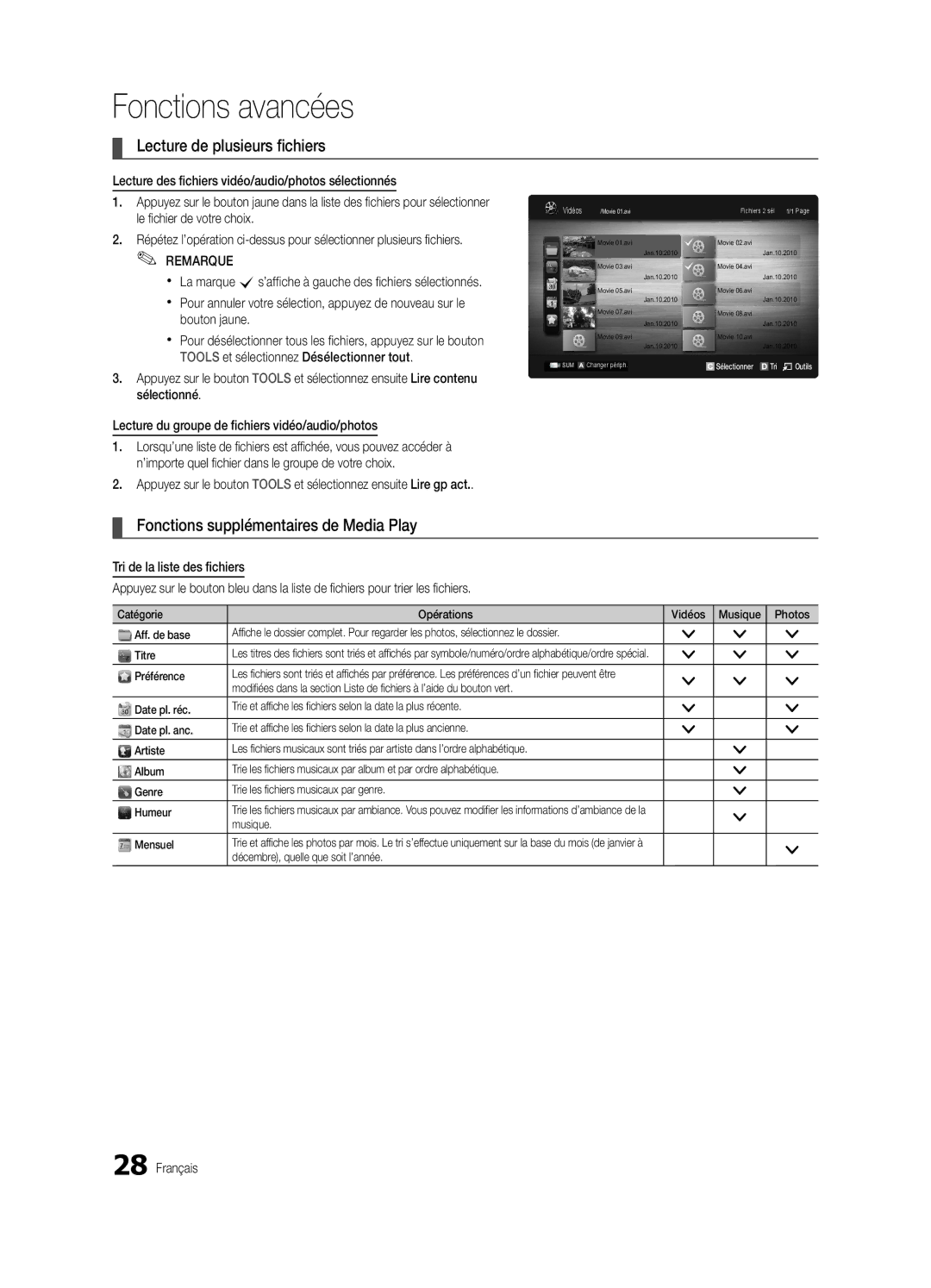 Samsung UE22C4000PWXZG Lecture de plusieurs fichiers, Fonctions supplémentaires de Media Play, Préférence, Musique Mensuel 