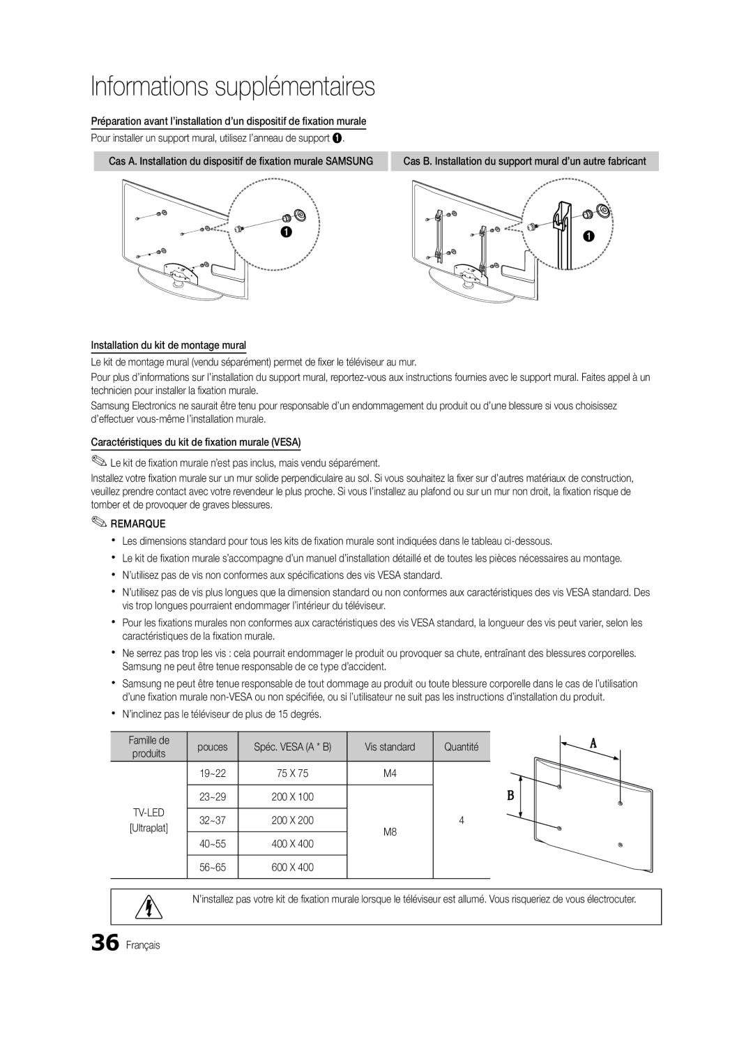 Samsung UE22C4010PWXXN Xx N’inclinez pas le téléviseur de plus de 15 degrés, Quantité, 19~22, 23~29 200 X, 32~37 200 X 