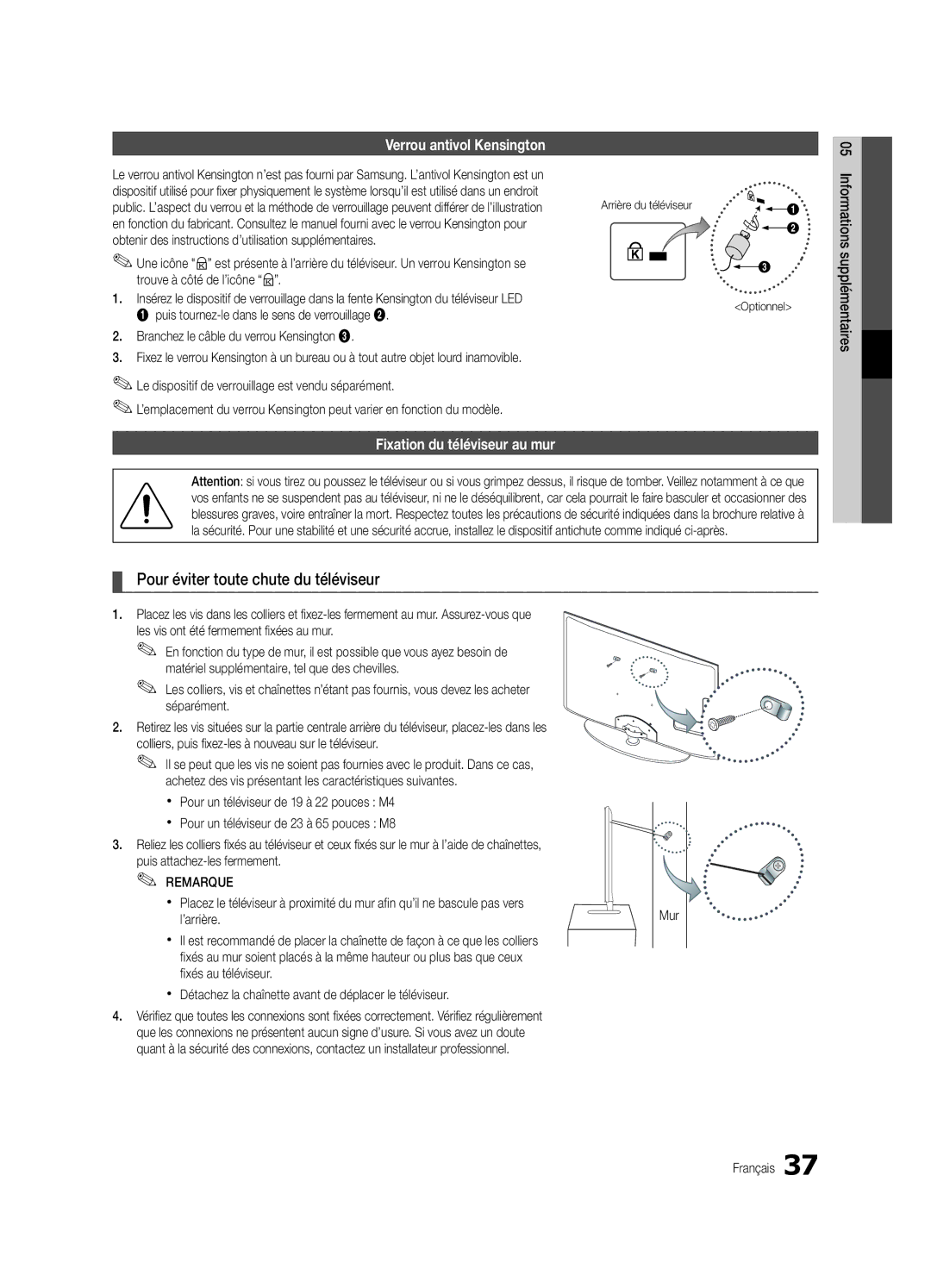 Samsung UE26C4000PWXZG Pour éviter toute chute du téléviseur, Verrou antivol Kensington, Fixation du téléviseur au mur 