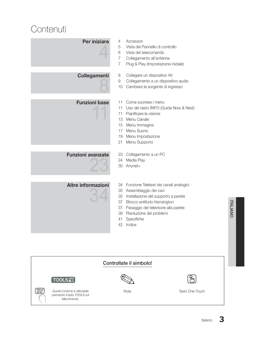 Samsung UE26C4000PWXZT, UE22C4010PWXXN, UE26C4000PWXZG manual Contenuti, Controllate il simbolo, Nota, Tasto One-Touch 