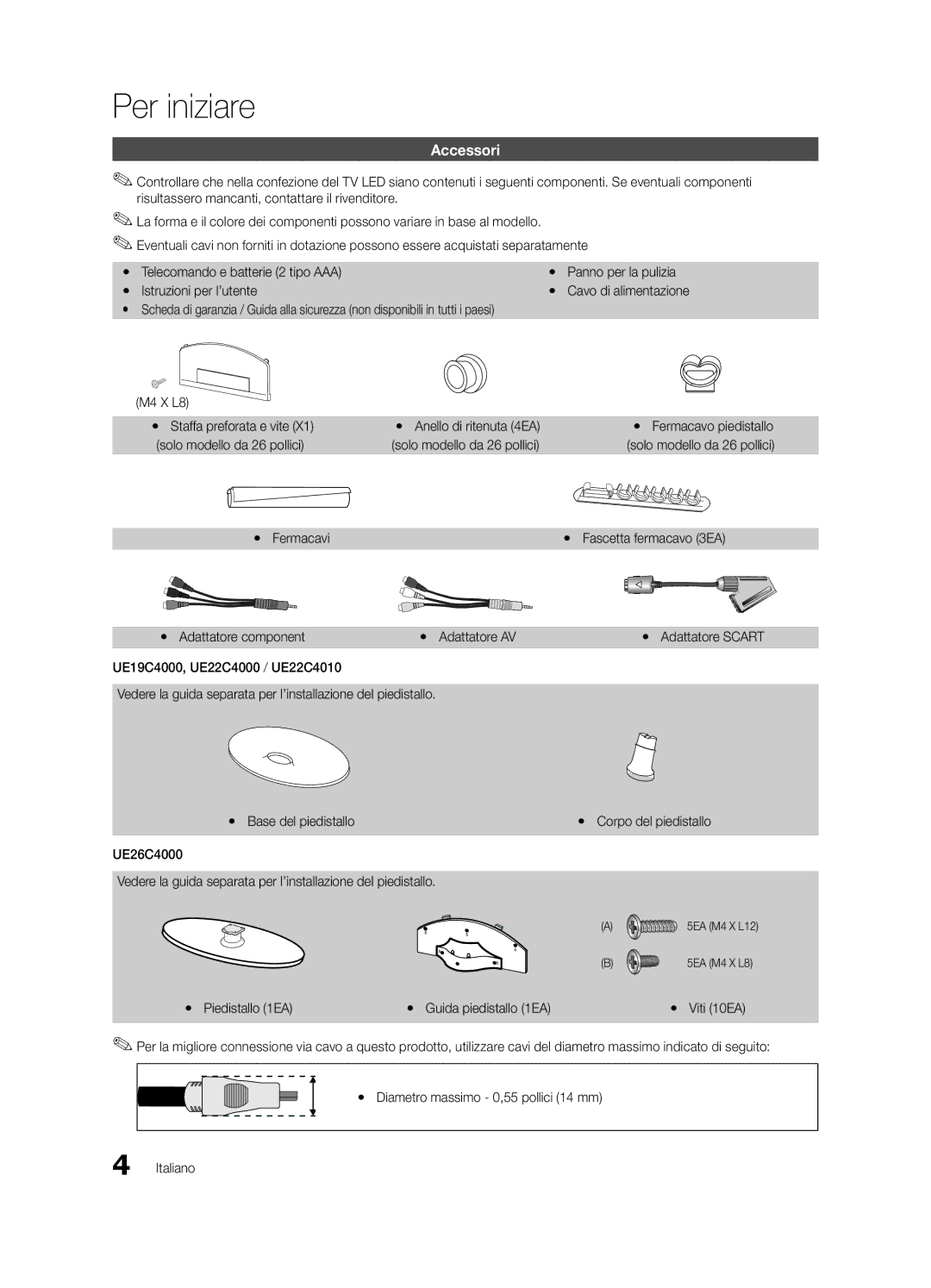 Samsung UE22C4000PWXXH, UE22C4010PWXXN, UE26C4000PWXZG, UE26C4000PWXXN, UE22C4000PWXXN, UE22C4000PWXZG Per iniziare, Accessori 