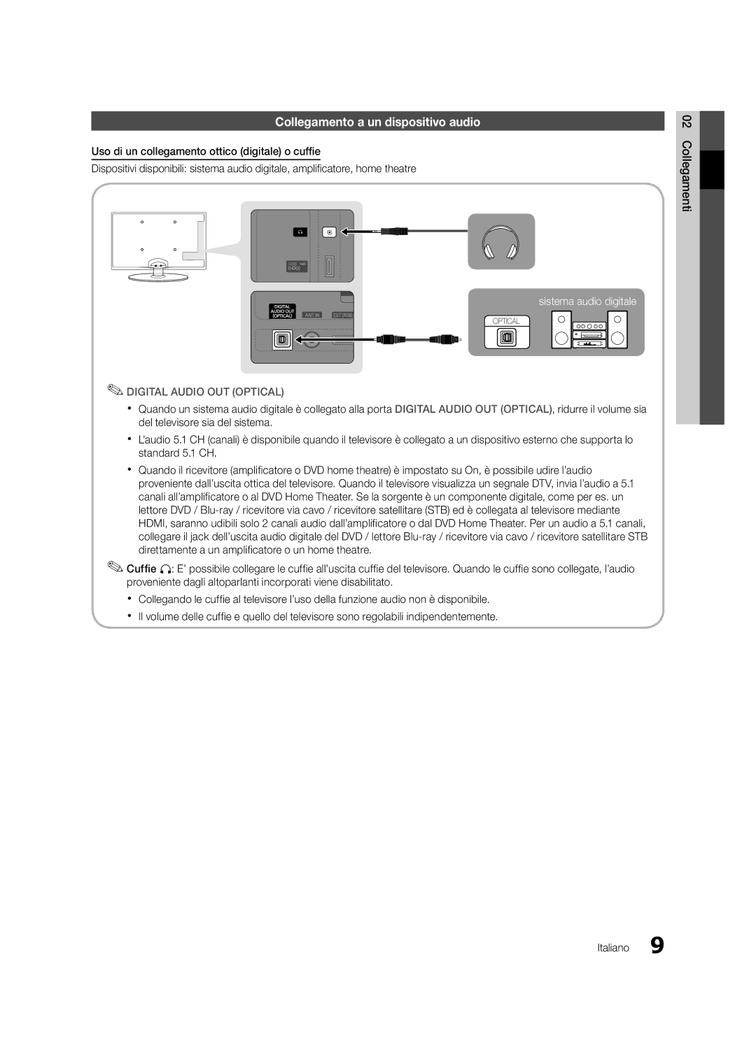 Samsung UE22C4000PWXXN, UE22C4010PWXXN, UE26C4000PWXZG manual Collegamento a un dispositivo audio, Collegamenti Italiano 