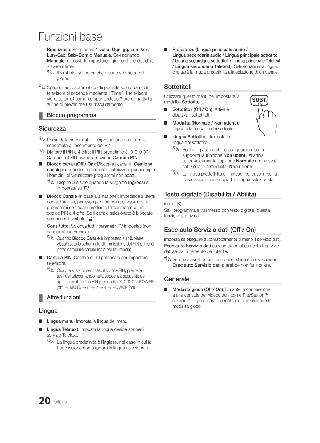 Samsung UE26C4000PWXXN, UE22C4010PWXXN manual Sicurezza, Lingua, Sottotitoli, Testo digitale Disabilita / Abilita, Generale 