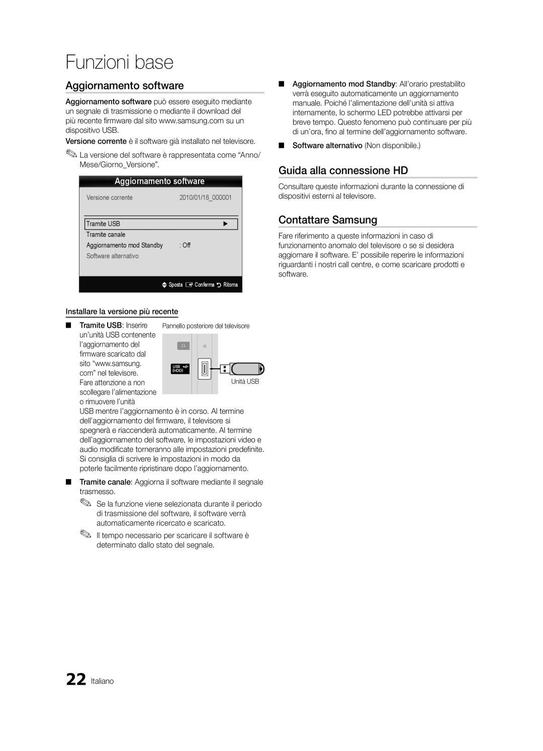 Samsung UE22C4000PWXZG, UE22C4010PWXXN manual Aggiornamento software, Guida alla connessione HD, Contattare Samsung 