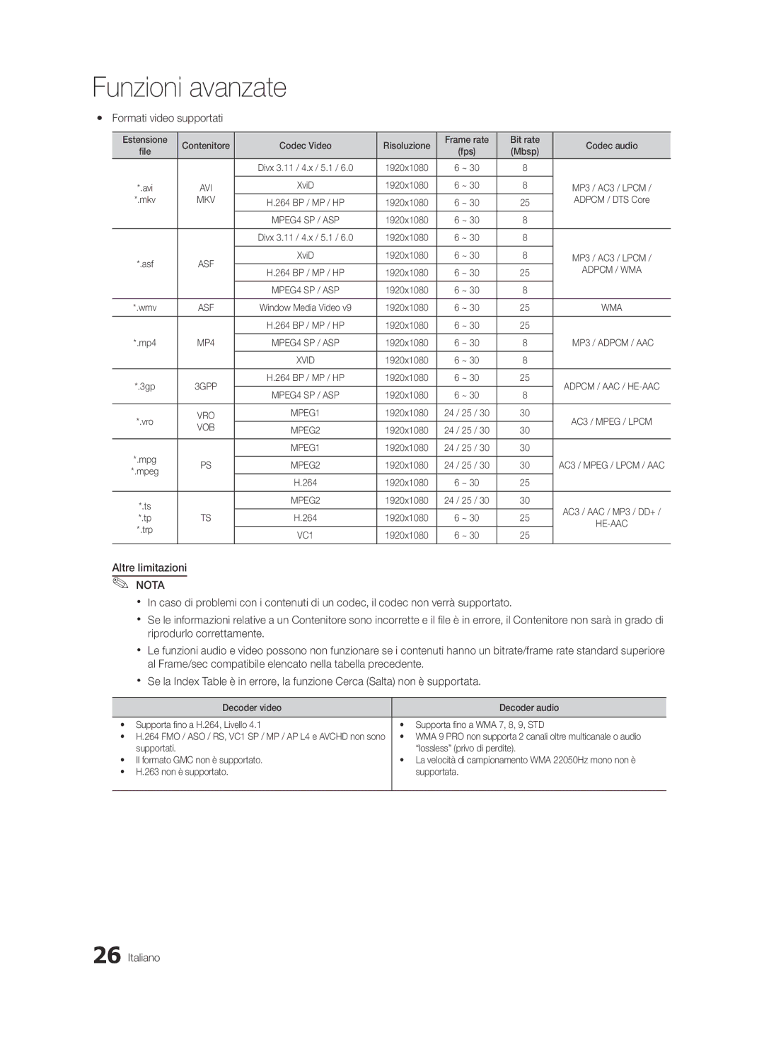 Samsung UE22C4000PWXZT, UE22C4010PWXXN, UE26C4000PWXZG, UE26C4000PWXXN, UE22C4000PWXXN manual Yy Formati video supportati, Mbsp 