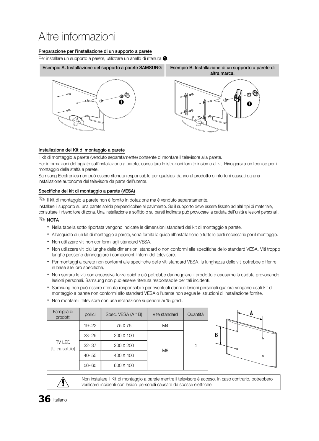 Samsung UE26C4000PWXXC manual Vite standard Quantità, Esempio B. Installazione di un supporto a parete di, Prodotti 