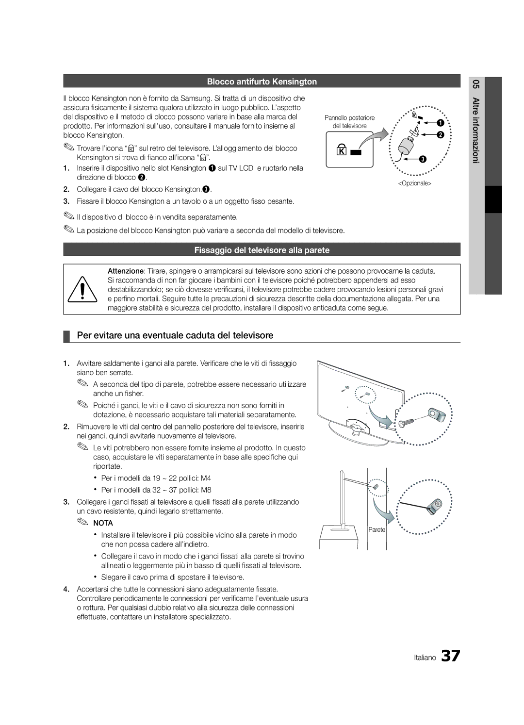 Samsung UE22C4010PWXZT, UE22C4010PWXXN manual Per evitare una eventuale caduta del televisore, Blocco antifurto Kensington 