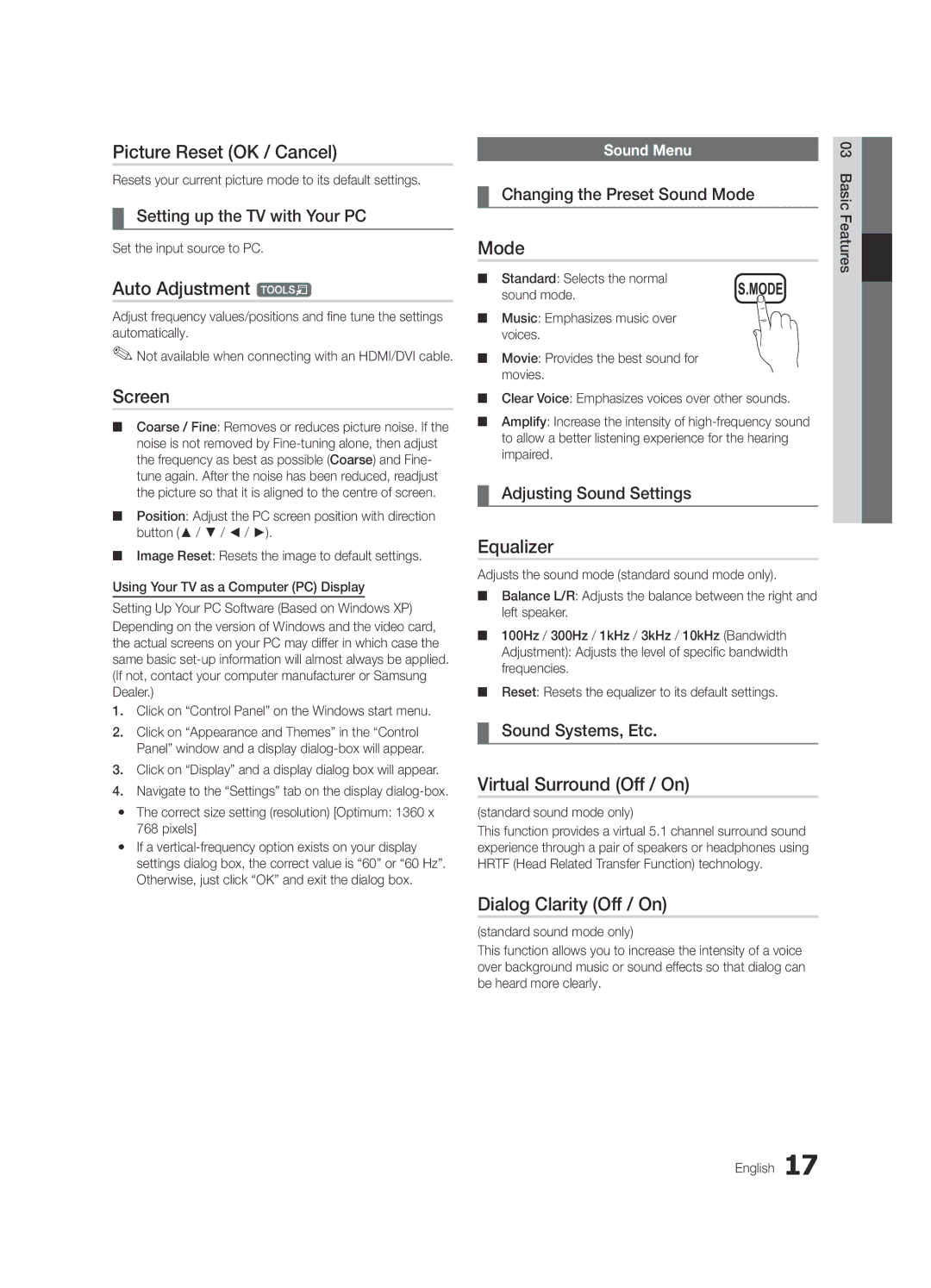 Samsung UE22C4010PWXZG manual Picture Reset OK / Cancel, Auto Adjustment t, Screen, Equalizer, Virtual Surround Off / On 