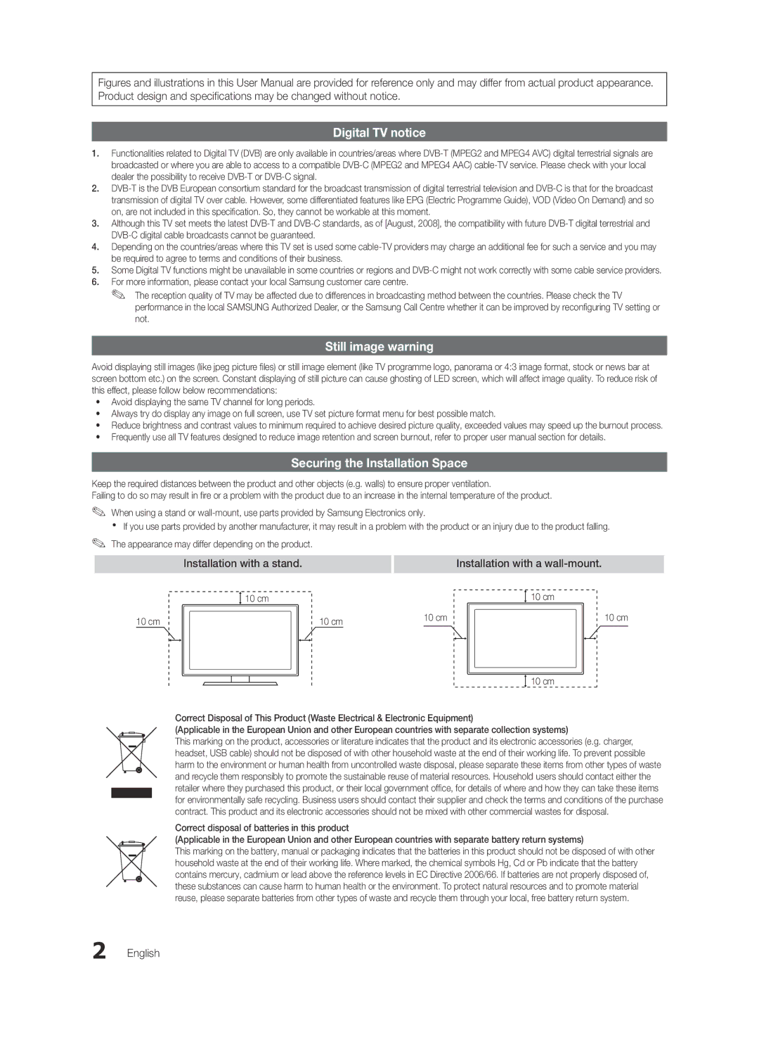 Samsung UE26C4000PWXXN, UE22C4010PWXXN, UE26C4000PWXZG, UE22C4000PWXXN manual Installation with a wall-mount, English, 10 cm 