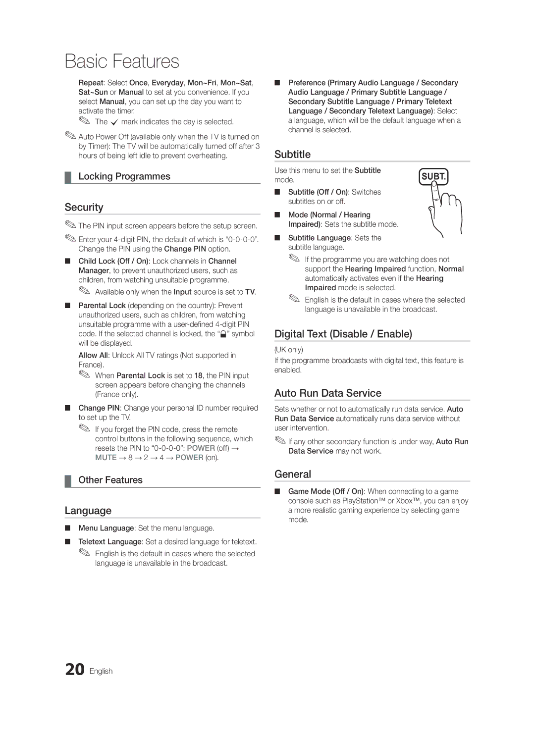 Samsung UE22C4000PWXZT manual Security, Language, Subtitle, Digital Text Disable / Enable, Auto Run Data Service, General 